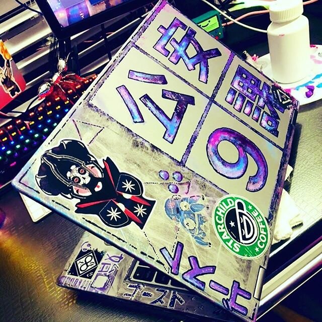 New laptop decor, decided to hand paint, distress, and make sticks and logos by hand for this ghost in the shell themed laptop. #laptopstickers #laptoplifestyle #laptop #techstyle #custommade #custom #customlaptop #diy #makersgonnamake #maker #makers