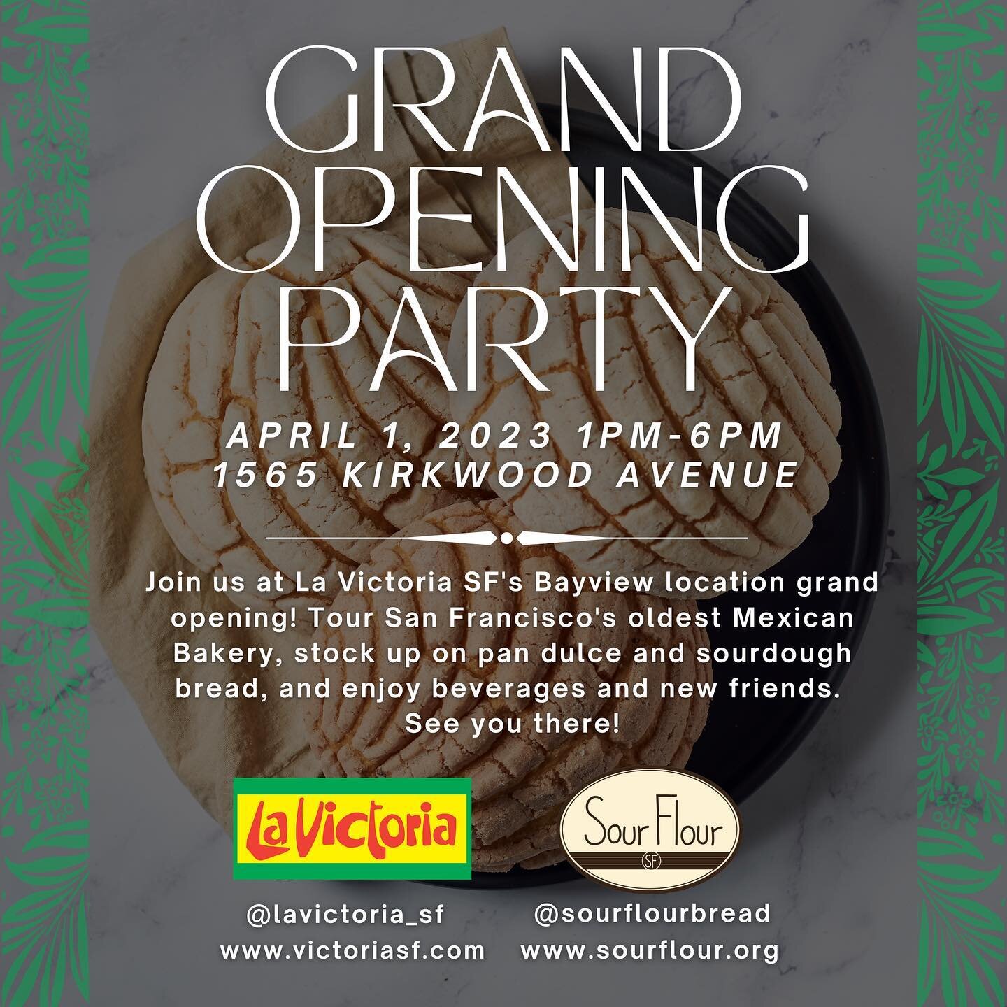 &iexcl;Venga a la gran inauguraci&oacute;n de La Victoria SF en el Bayview! Visite la panader&iacute;a mexicana m&aacute;s antigua de San Francisco, compre pan dulce y pan de Sour Flour, y disfrute de bebidas y nuevos amigos. &iexcl;Nos vemos all&iac