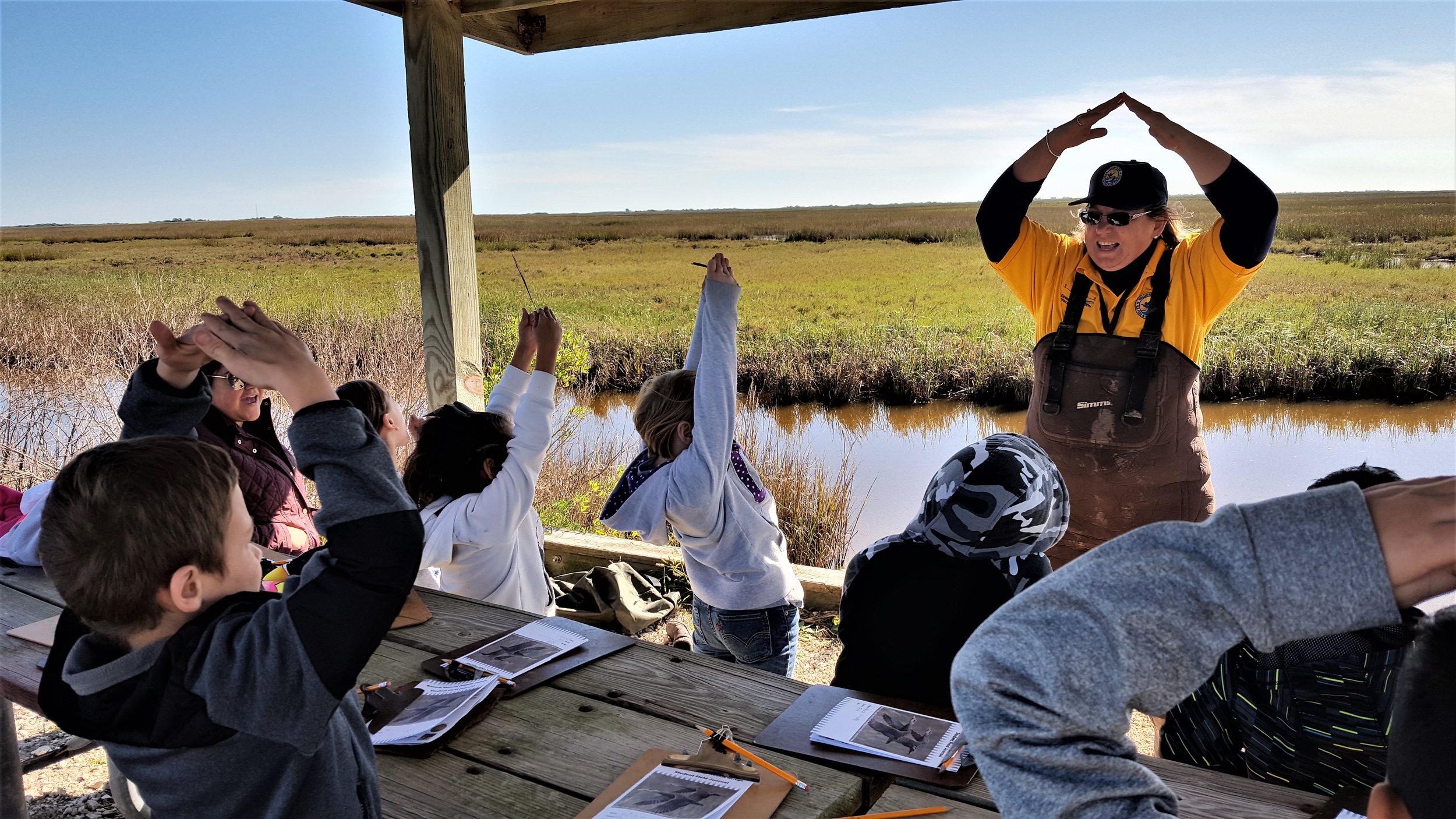 “Active learning” with a new twist as students use their arms to spell E S T U A R Y before using a seine net to capture crabs, shrimp, and fish | Marty Cornell