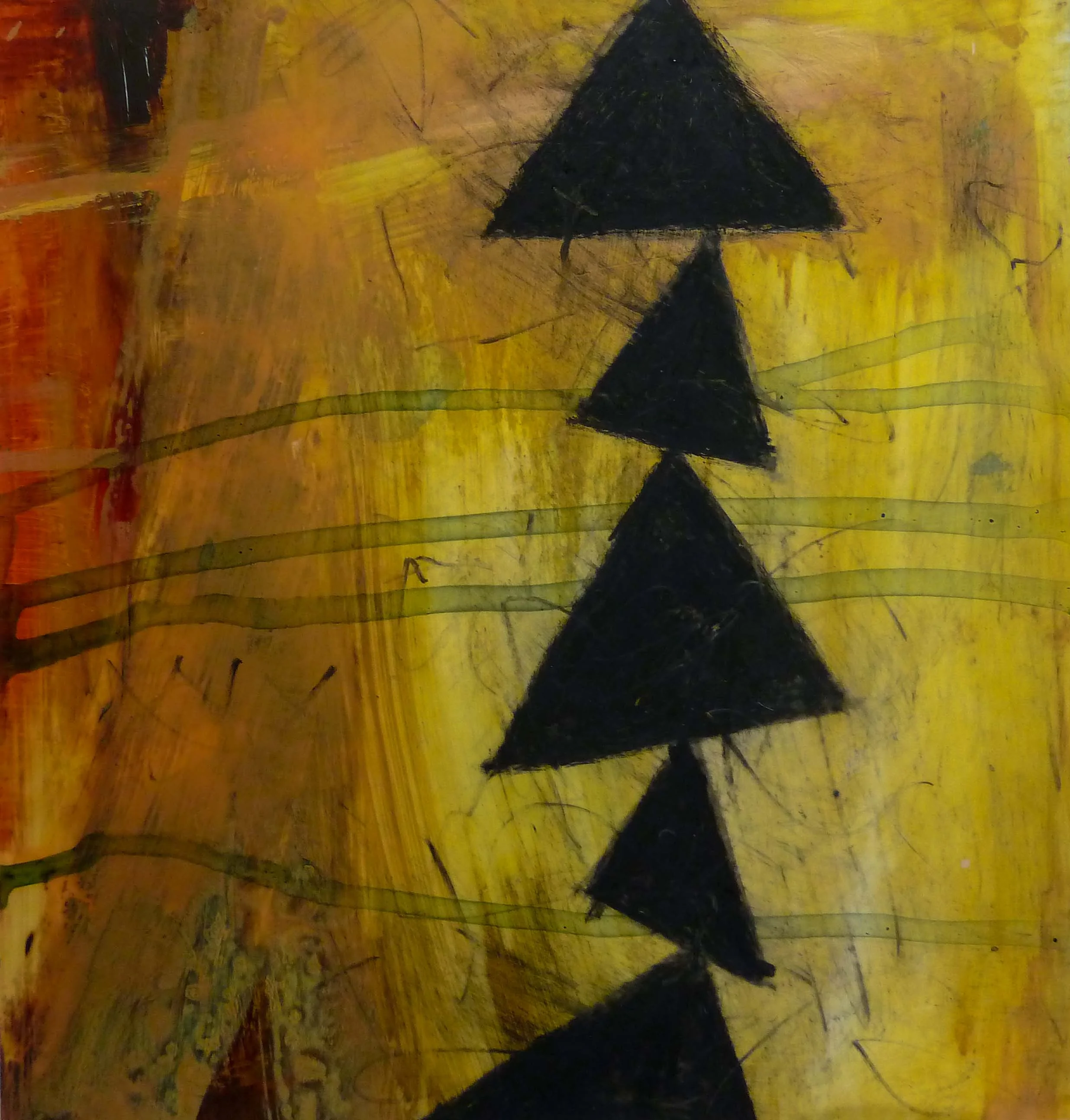 Side Trail I, acrylic and oil crayon on film mounted to paper, 10” x 10” (image size)