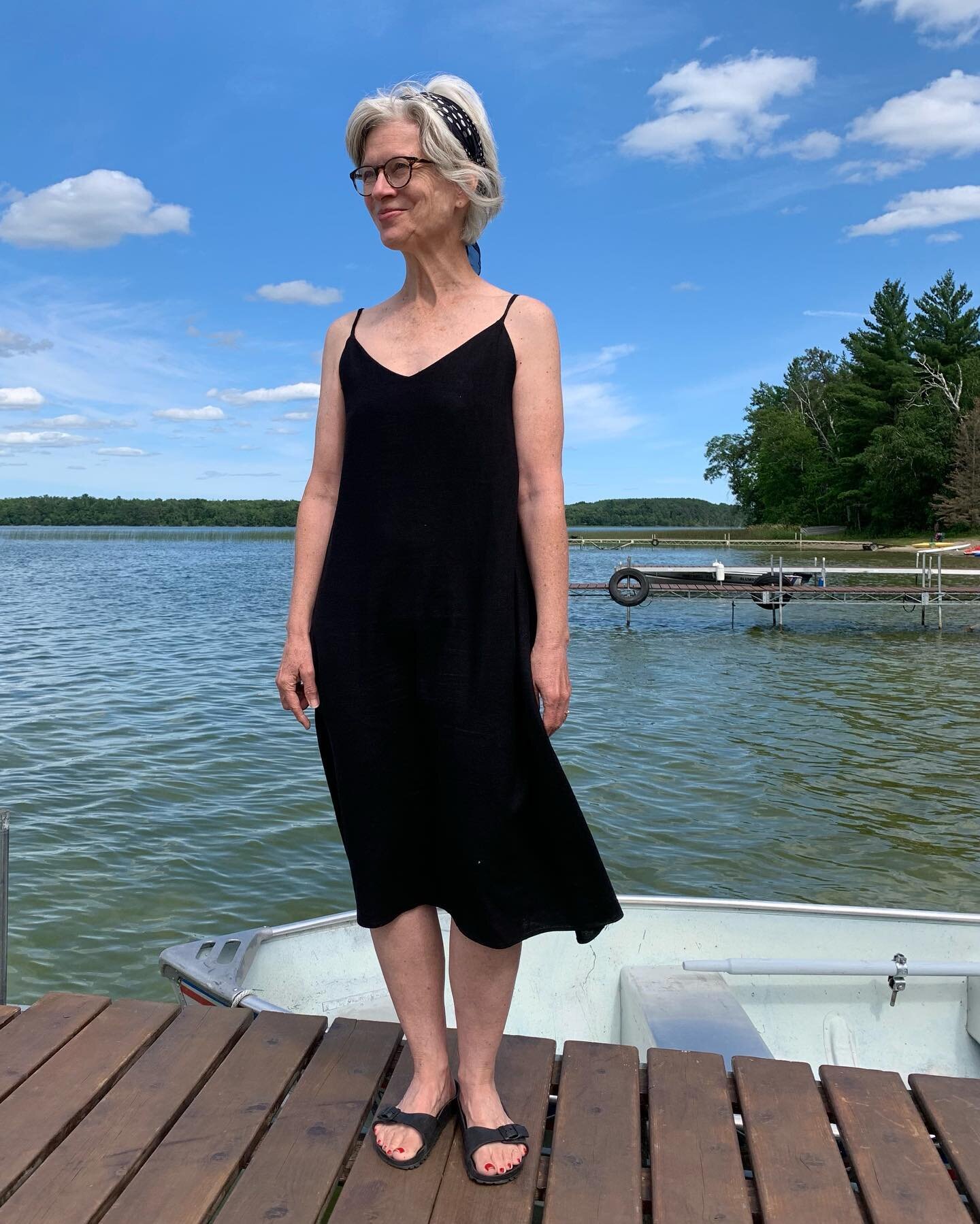 Another lake holiday essential: basic black slip dress.  Black always looks cool and black coordinates with any personal flotation device.  The pattern is Simplicity Cynthia Rowley 1366 hacked to a dress.  The fabric is versatile and affordable linen