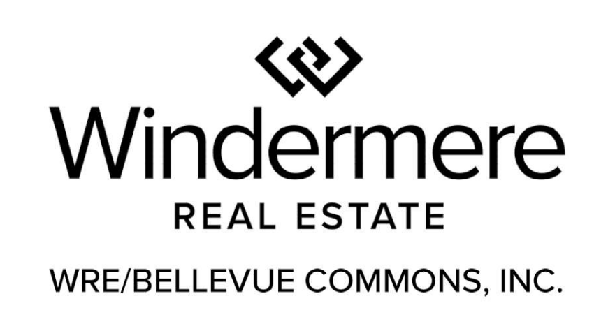 Logo for Windermere Real Estate, featuring a stylized black geometric symbol above the text 'Windermere Real Estate,' with 'WRE/Bellevue Commons, Inc.' written underneath.