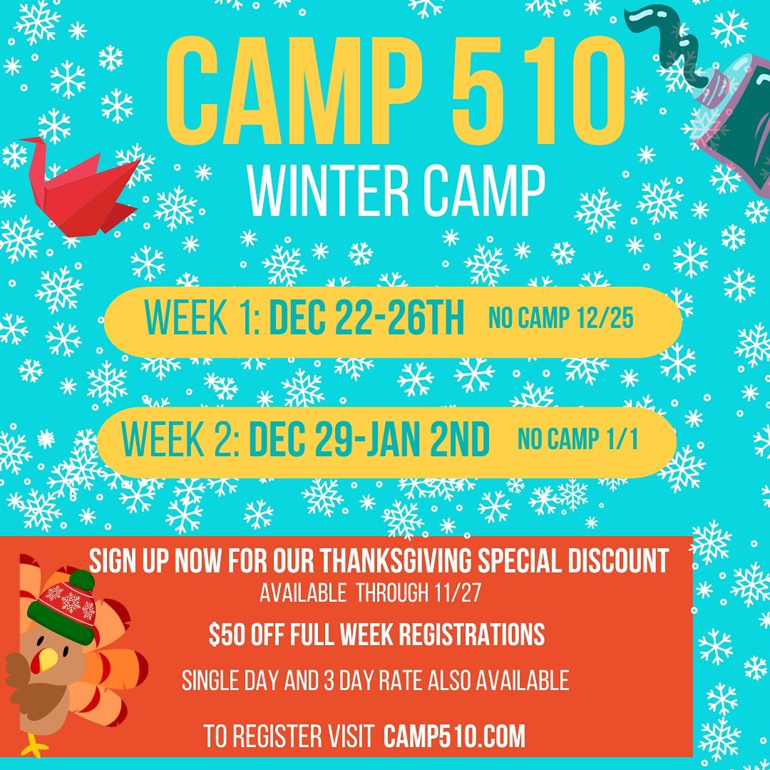 Registration for Winter Camp is now open! Sign up now through November 27th for a $50 discount. This winter we will be located at the American International Montessori School. We are also offering a single and 3 day rate! 

To learn more visit our we