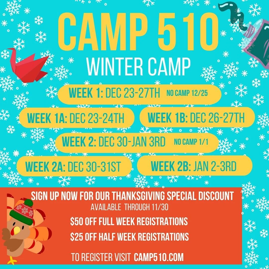Join us for some crafty fun this Winter at CAMP 510! Register now through 11/30 and receive a $50 discount for a full week sign up or a $25 off a half week sign up!❄️☃️
#bayarea #wintercamp #crafts #maker #holidaycamp