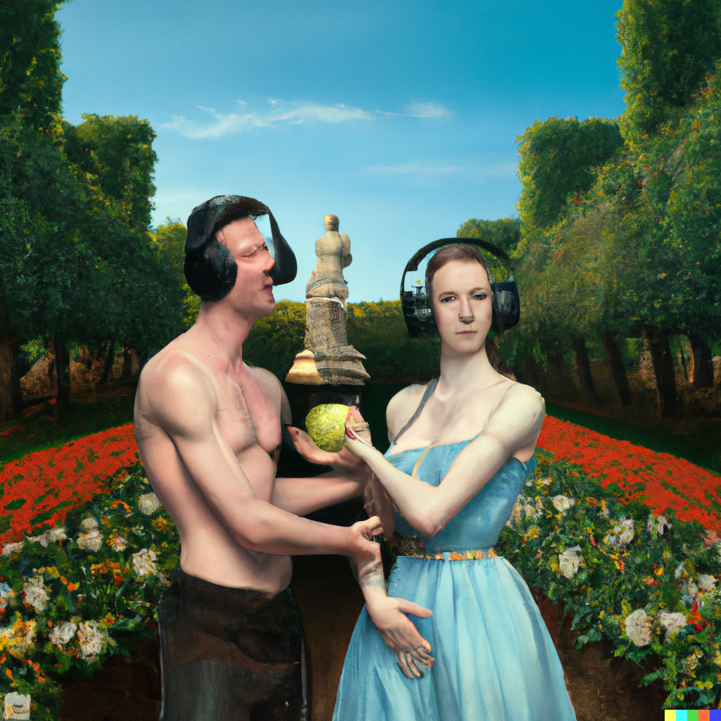 DALL·E 2022-10-31 16.21.16 - adam and eve wearing big headphones and holding hands in the garden of eden, in the style of dutch masters.png