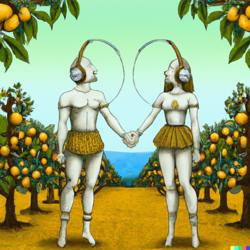 DALL·E 2022-10-31 16.21.24 - adam and eve wearing big headphones and holding hands in the garden of eden, in the style of titan.png