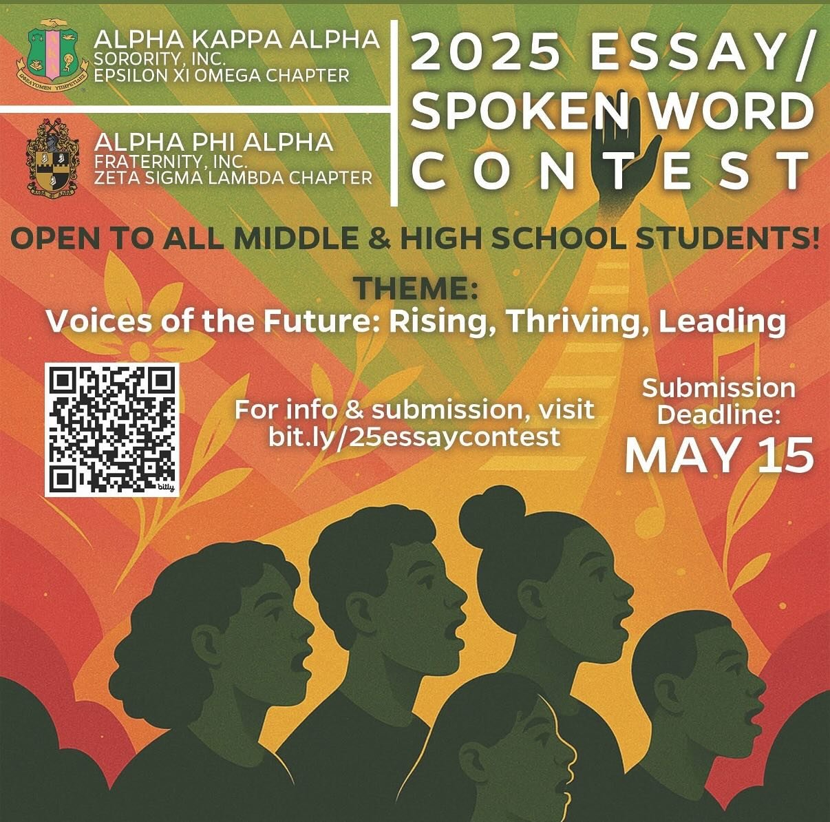 Calling All Middle &amp; High School Students!
Do you have something powerful to say? Show us your voice!

Join the 2025 Essay/Spoken Word Contest presented by Alpha Kappa Alpha Sorority, Inc.&reg; Epsilon Xi Omega Chapter and Alpha Phi Alpha Fratern