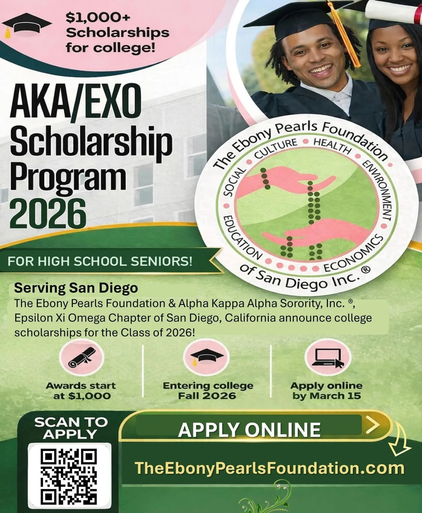 🎓Attention San Diego High School Seniors! If you&rsquo;re heading to college in Fall 2026, this opportunity is for you.

🔊THE 2026 AKA/EXO SCHOLARSHIP PROGRAM IS NOW OPEN! 

💰 20+ scholarships
💵 $1,000 to $3,000 awards
👩🏽&zwj;🎓👨🏽&zwj;🎓Open 