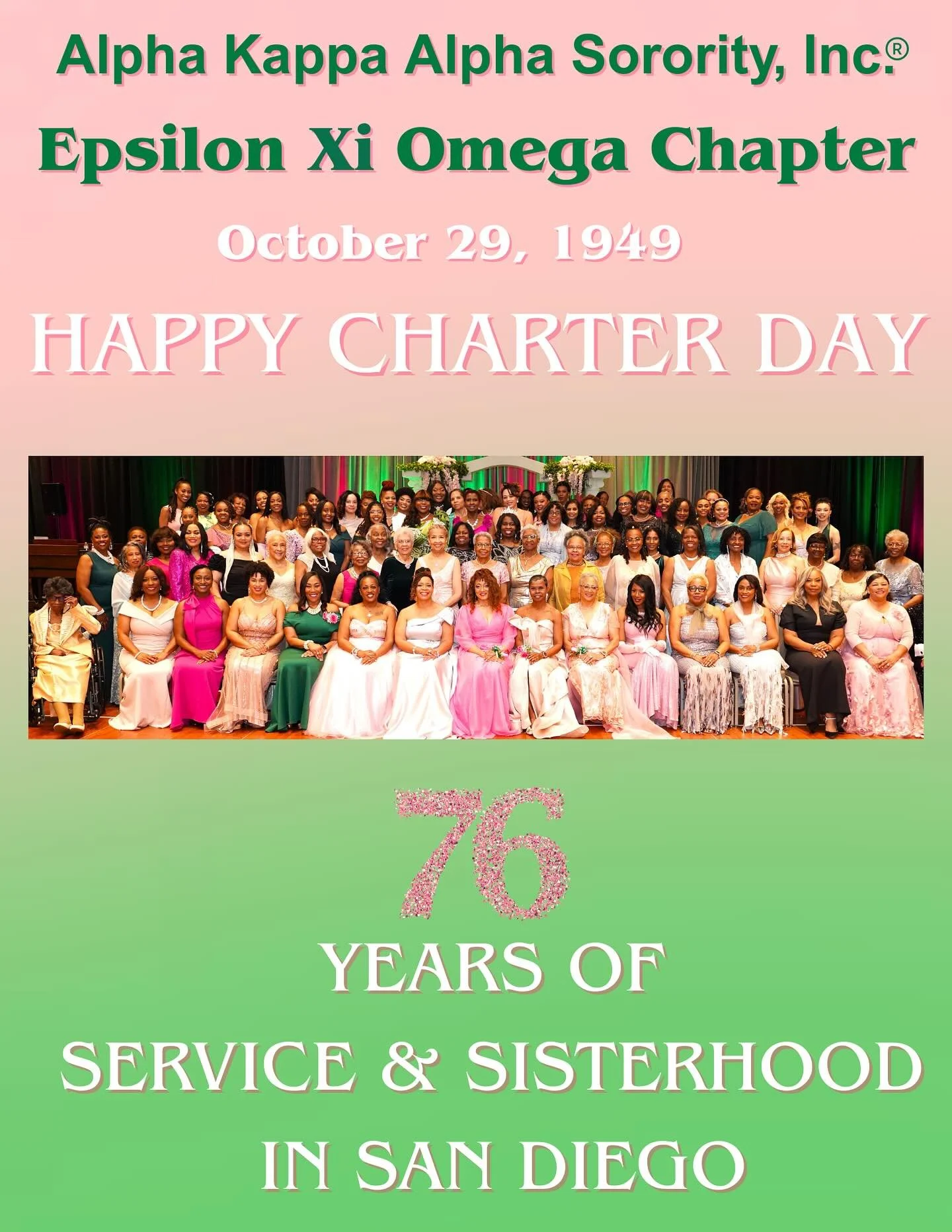 Today, Epsilon Xi Omega Chapter celebrates 76 years of Sisterhood &amp; Service in San Diego, CA. 

As members of Alpha Kappa Alpha Sorority, Incorporated&reg;, we remain dedicated to the sorority&rsquo;s founding principle of &ldquo;Service To All M
