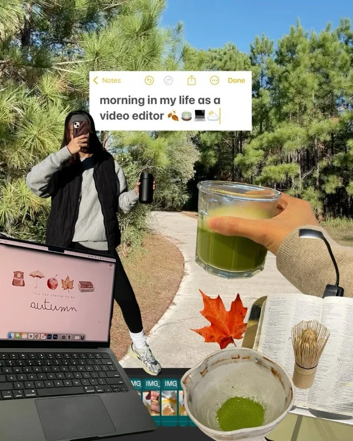 morning in my life as a video editor 🍂🍵💻⛅️
* read my Bible 
* @designsbymercym (she’s an amazing graphic designer and has helped me with my branding & website, but is also my bestie) came over so we could make a fall themed latte 
* Wen