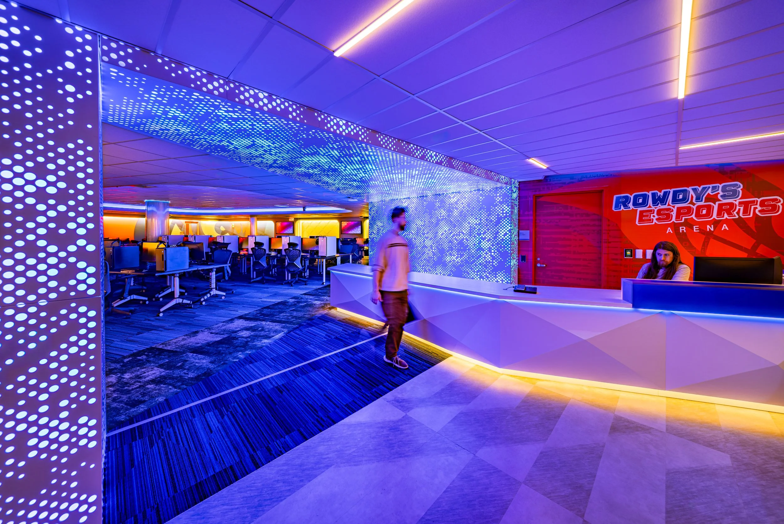 Color Changing backlit entry portal and check-in desk