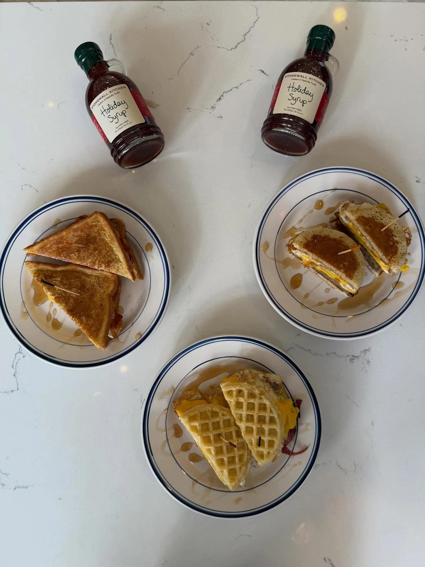 New menu item! Limited time only! 

- Porkroll, Bacon or Sausage w/ egg &amp; cheese served on your choice of a waffle, pancake or french toast!

Pick up some @stonewallkitchen Holiday Syrup while your here! (Recommend putting on your breakfast sandw