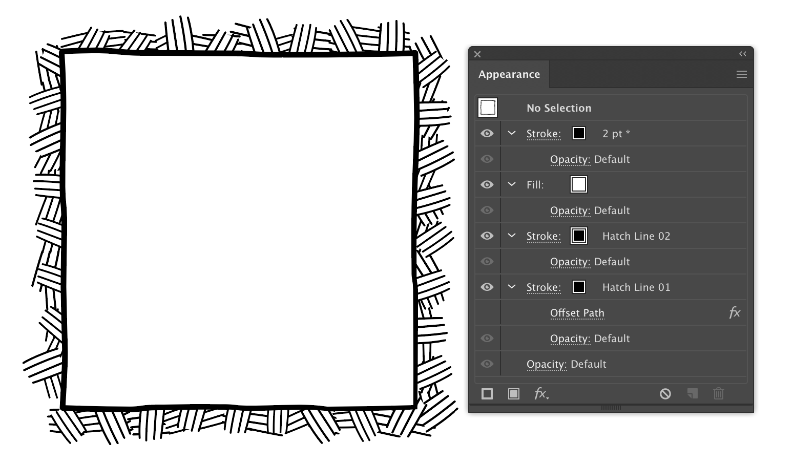 Bottom to top: Hatch 01, Hatch 02, White Fill, Black Stroke with a wavy profile