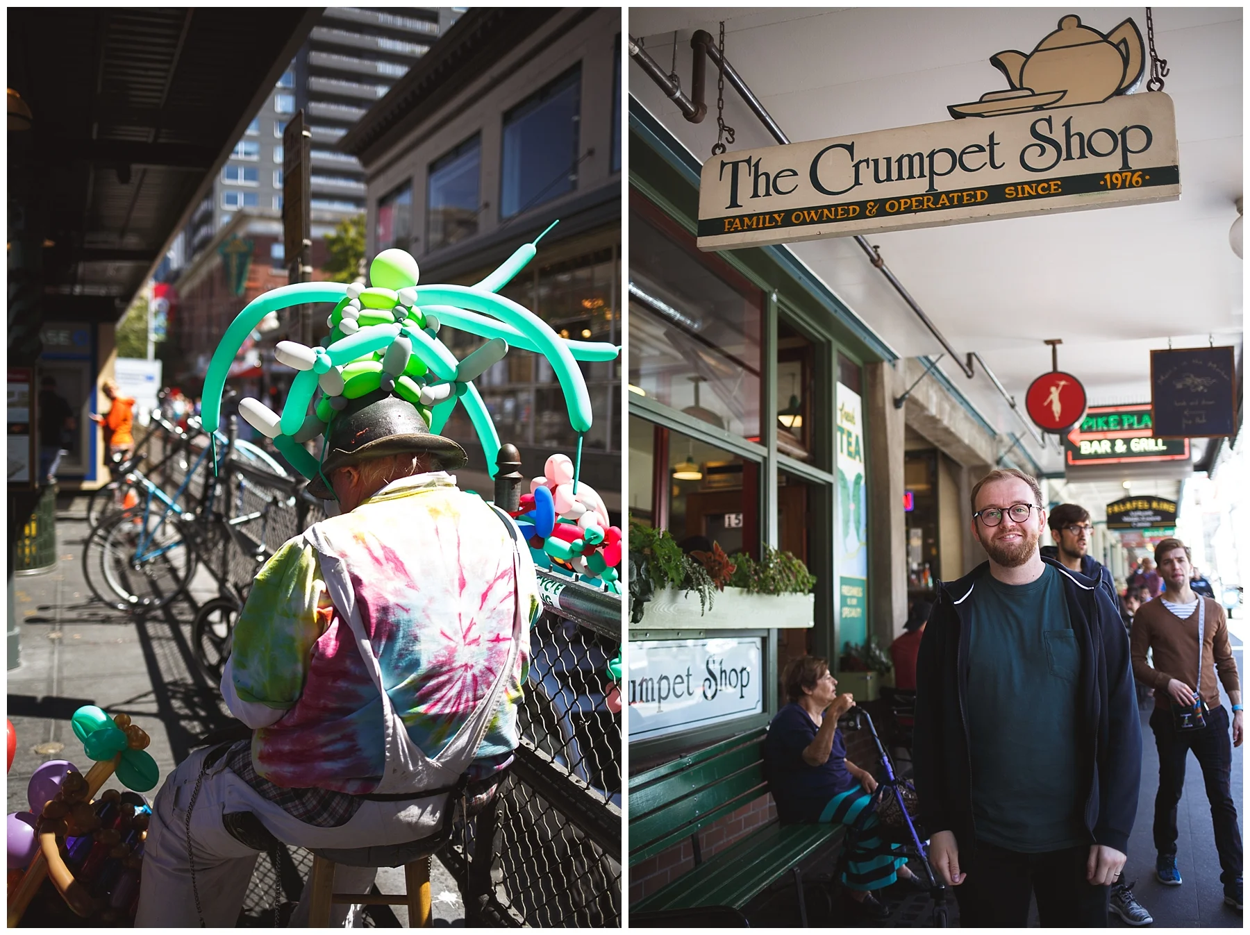 pike place, seattle, a little exploring - found a balloon artist, and our little brit
