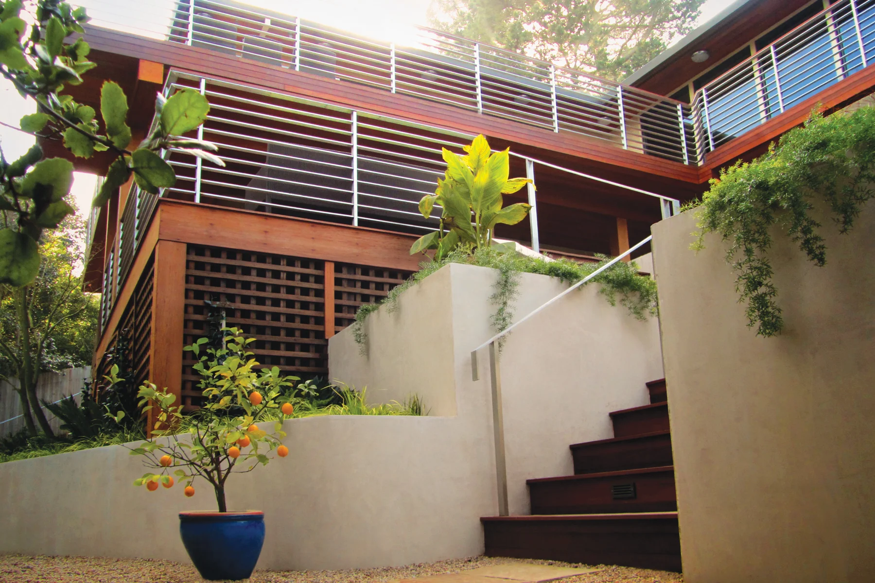 Stainless steel railings with ipe wood cap rail. Marin County, CA