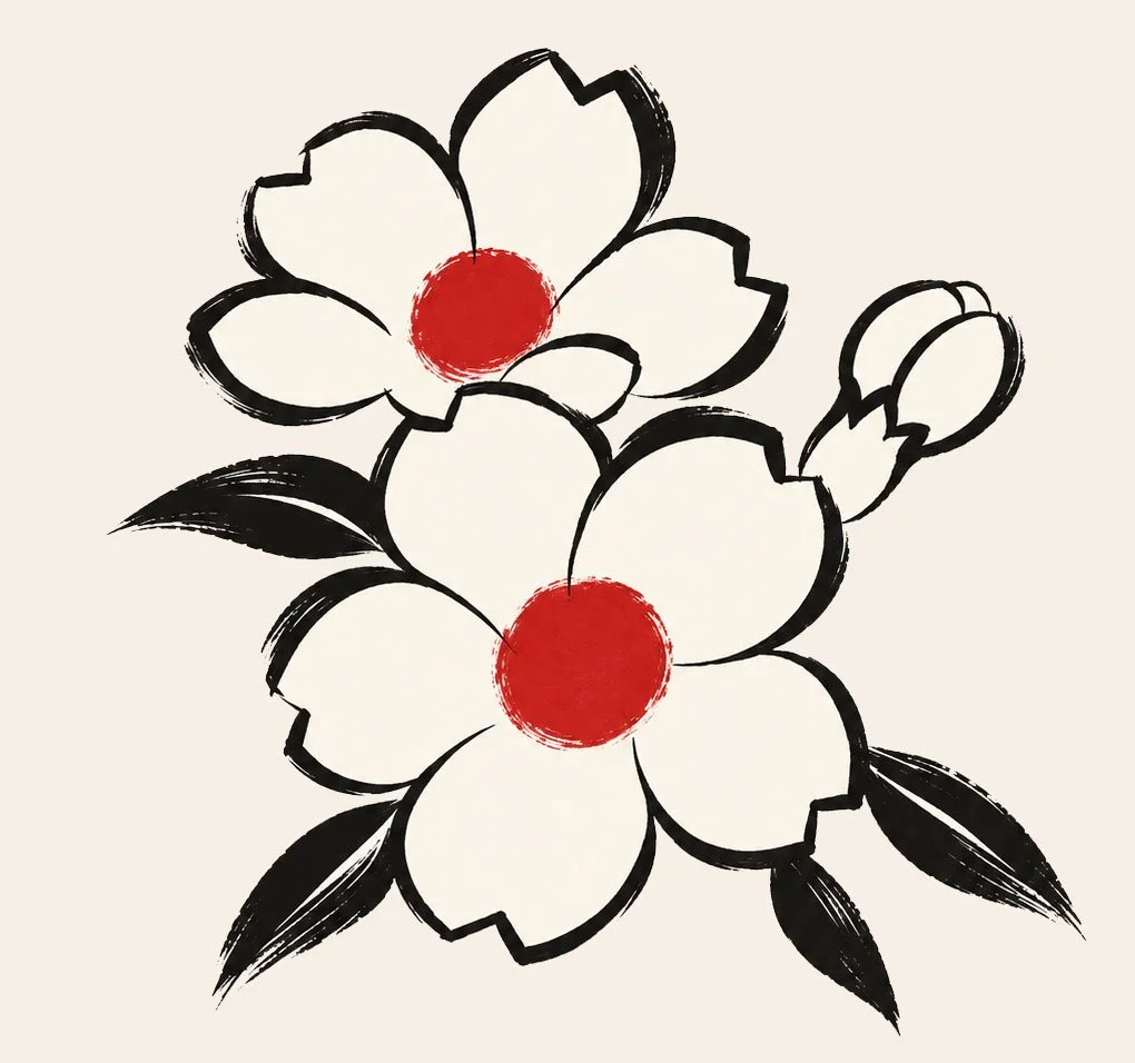 Stylized black and white flowers with red centers and red flower buds on a light background.