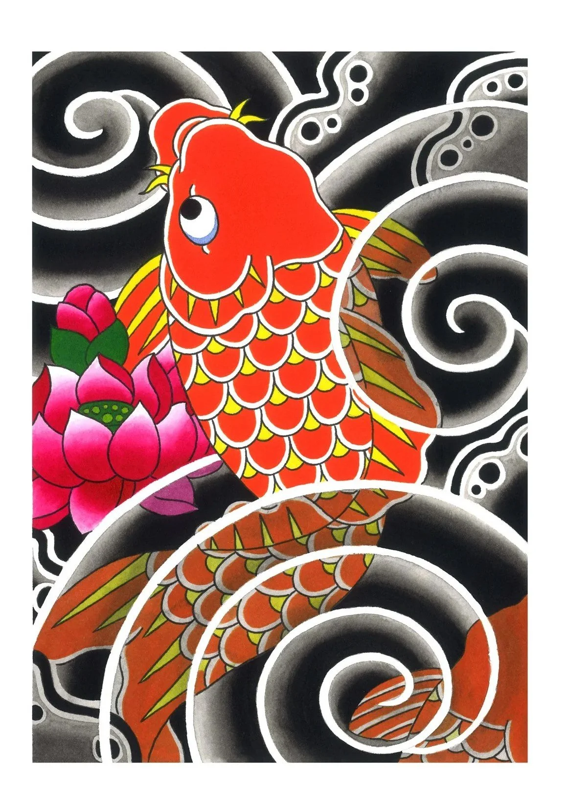 Colorful illustration of a koi fish with red, orange, yellow, and white scales, swimming among pink lotus flowers with green leaves, set against a black background with swirling white and gray patterns.