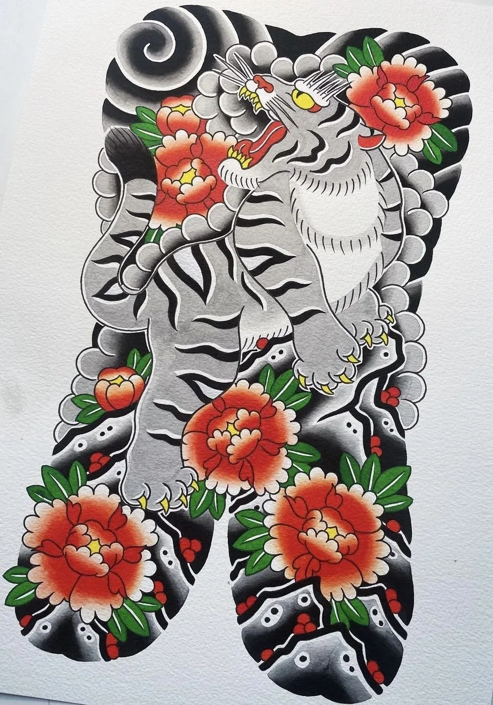 Tattoo design of a white tiger with black stripes, surrounded by large red and orange peonies with green leaves, on a white background.