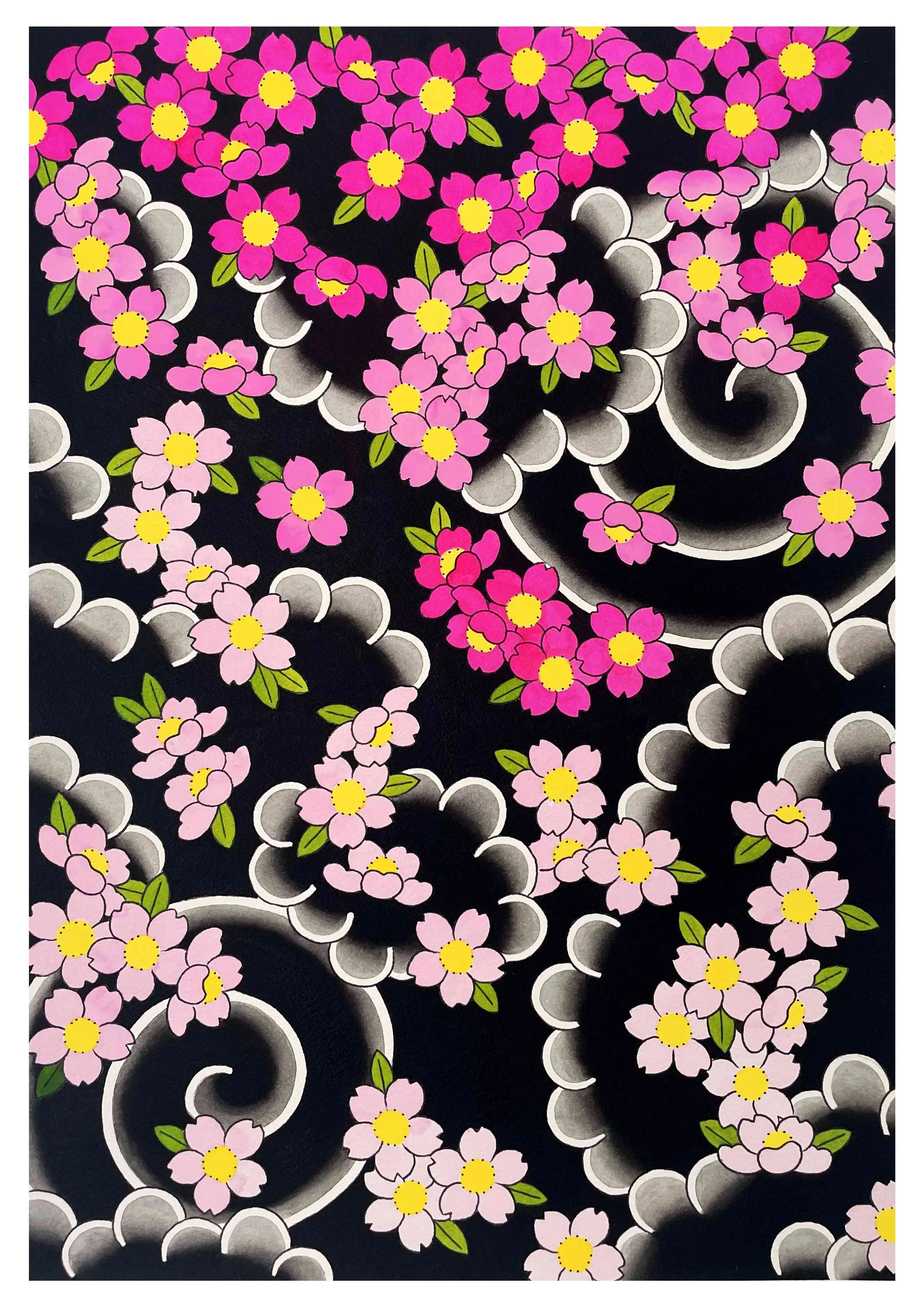 Pattern of pink flowers with yellow centers and green leaves, intertwined with white and gray circular shapes on a black background.
