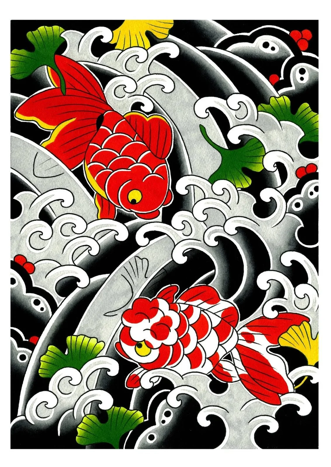 Two colorful koi fish swimming among stylized waves and green leafy plants.