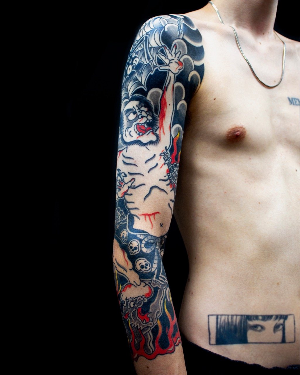 Custom Japanese tattoo sleeve inspired by The Spider’s Thread Japanese folktale, featuring a gaunt figure reaching upwards through hell, oni demons and dark clouds.