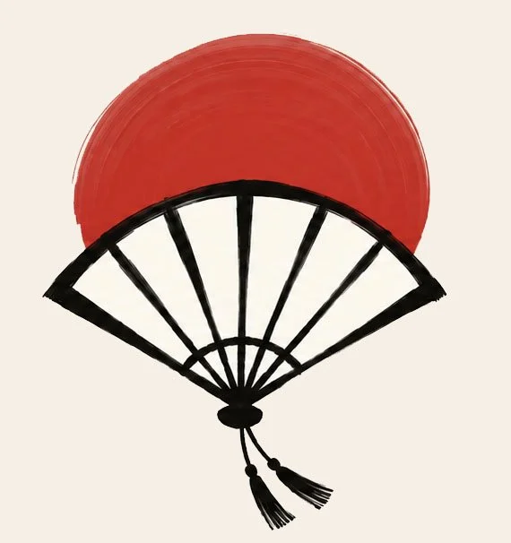 A traditional Japanese fan with a red semi-circle background and black outline, decorated with tassels at the bottom.