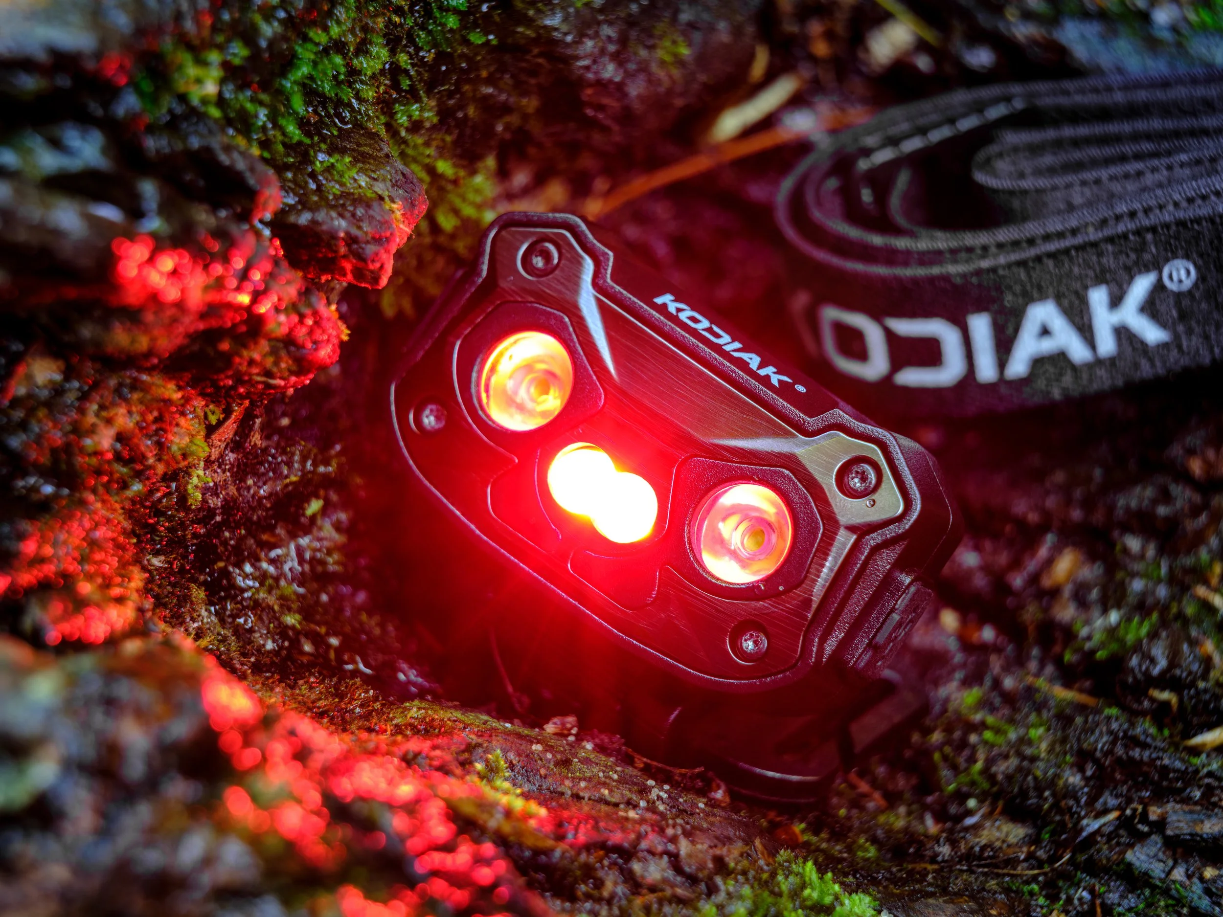 Commercial product photography of a Kodiak headlamp created for outdoor equipment advertising and e-commerce marketing.