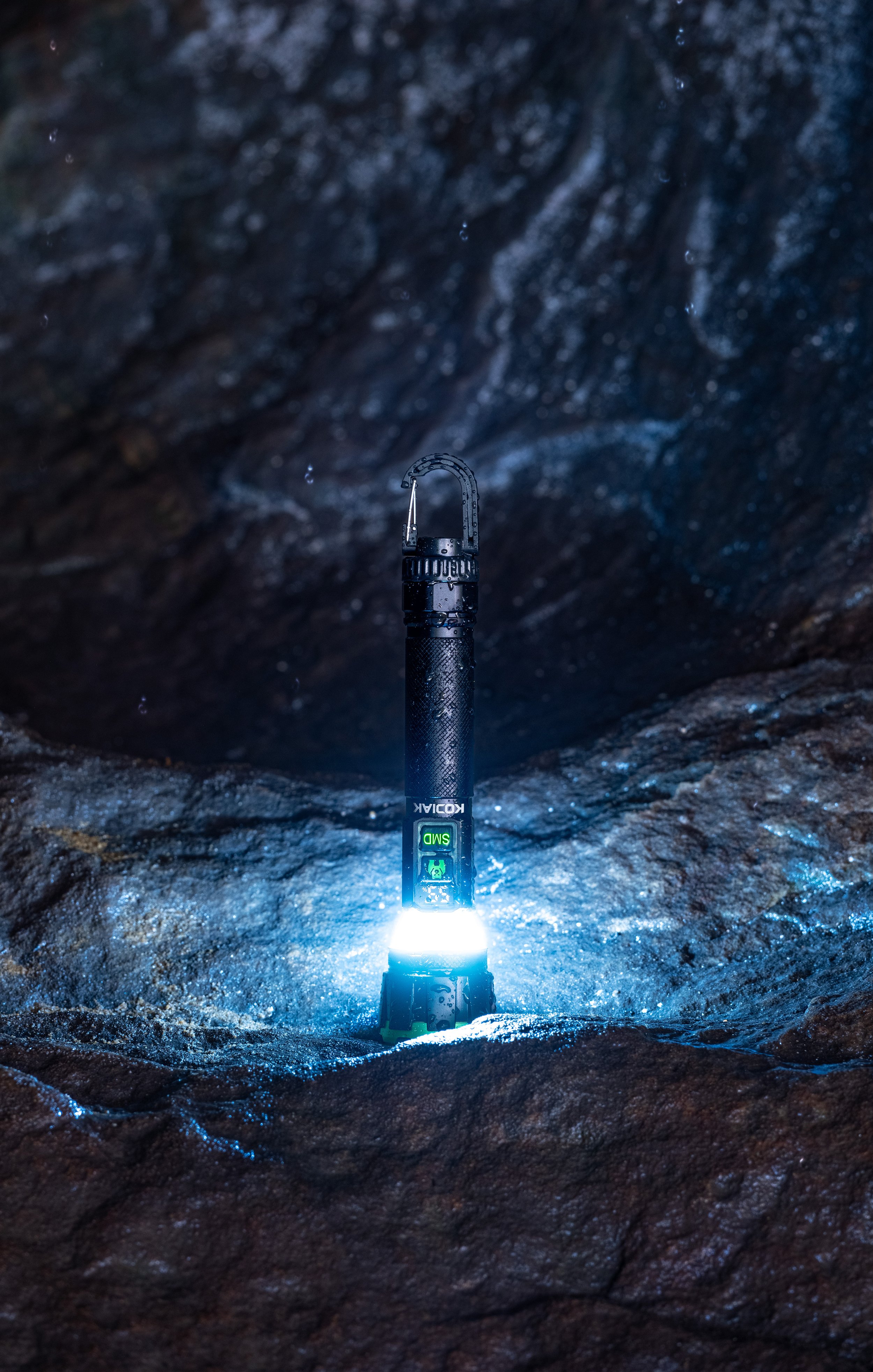 Environmental advertorial image of a rechargeable lantern photographed outdoors for advertising and marketing campaign