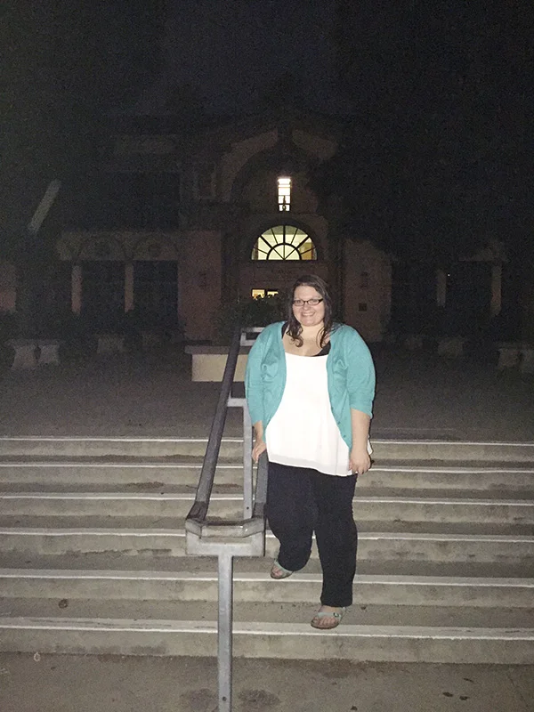 Christina-LeBlanc-on-steps-at-Torrance-High-School-as-Sunnydale-High-photo-by-Live-the-Movies.jpg