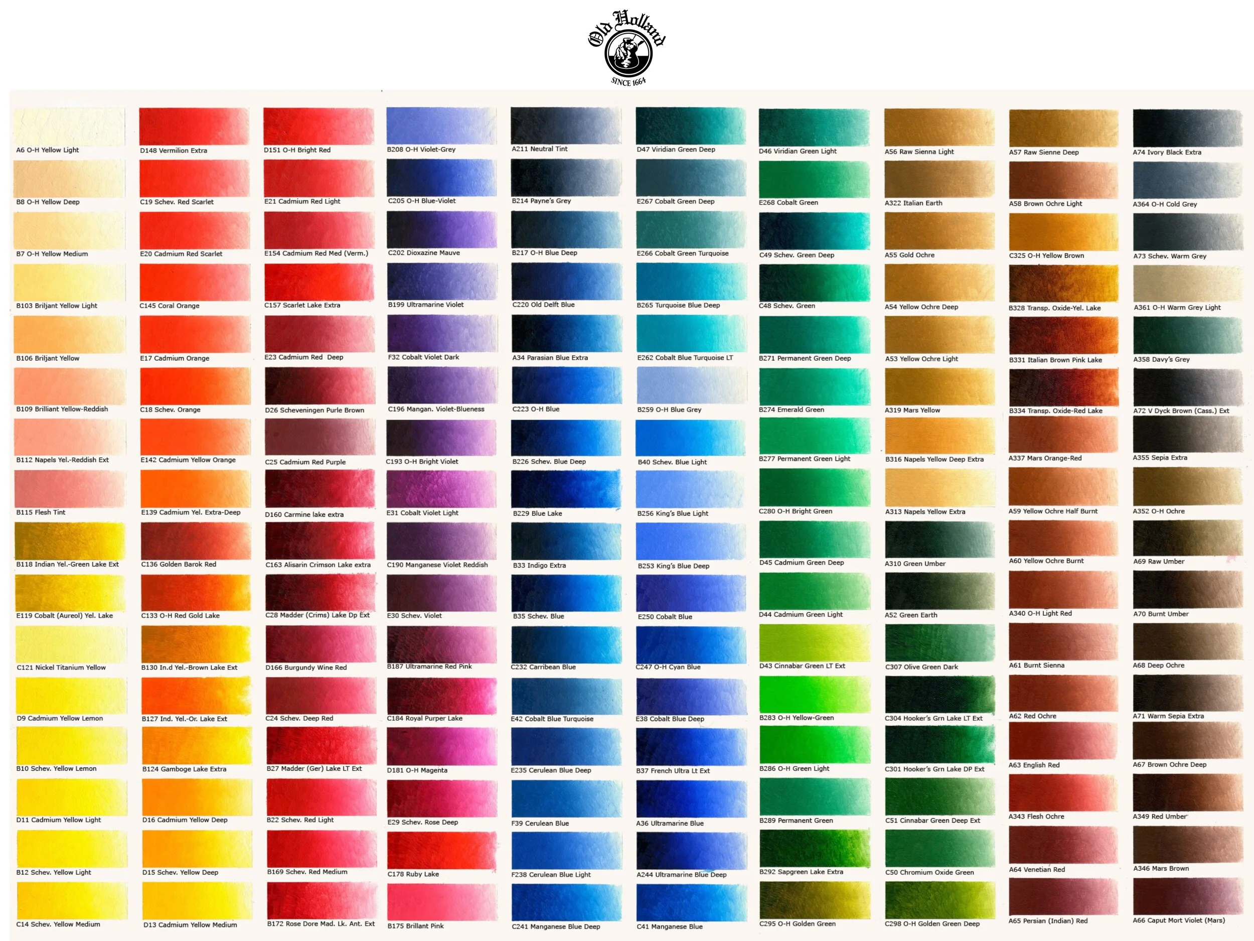 Old Holland’s color chart of their 168 formulations, current as of June 2020.