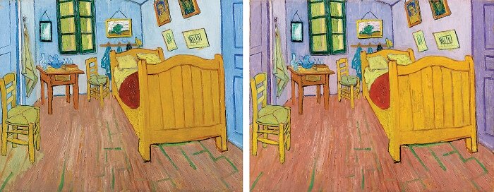 The Van Gogh Museum restored their version (L) of The Bedroom digitally (R). Pigments fade and change over time.