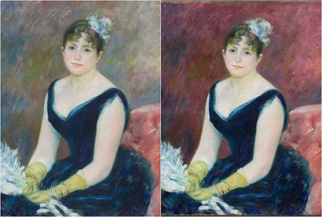 The Art Institute of Chicago’s portrait of Madam Clapisson (L) by Renoir was restored digitally (R). Pigment science is important.