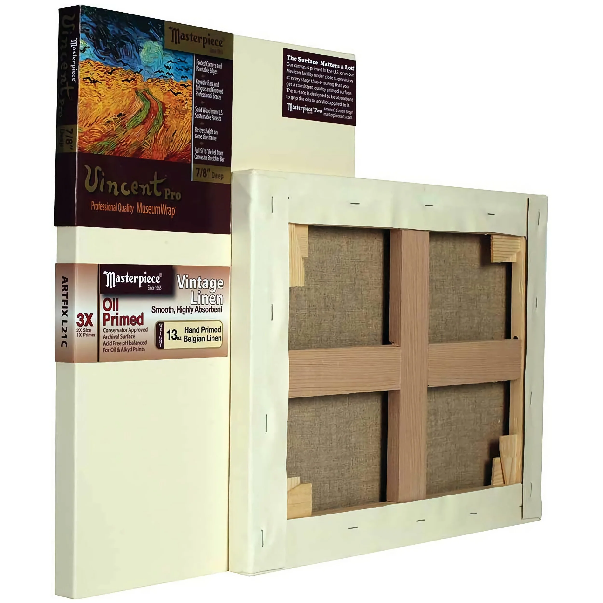 Masterpiece’s pre-primed linen on stretchers with braces and shims