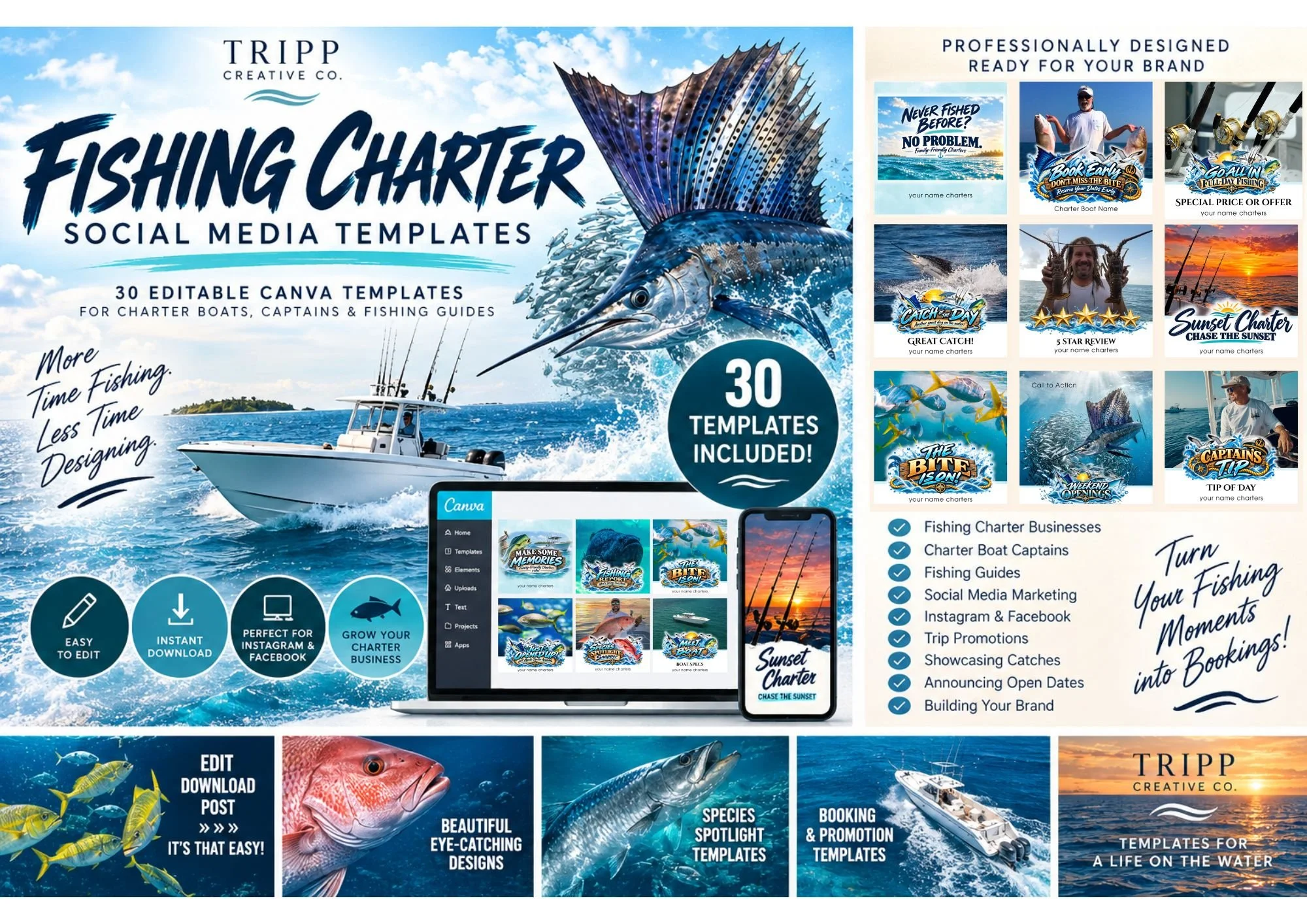 Fishing Charter Canva Templates | 30 Editable Social Media Templates | Charter Boat Marketing | Fishing Guide Instagram & Facebook Posts