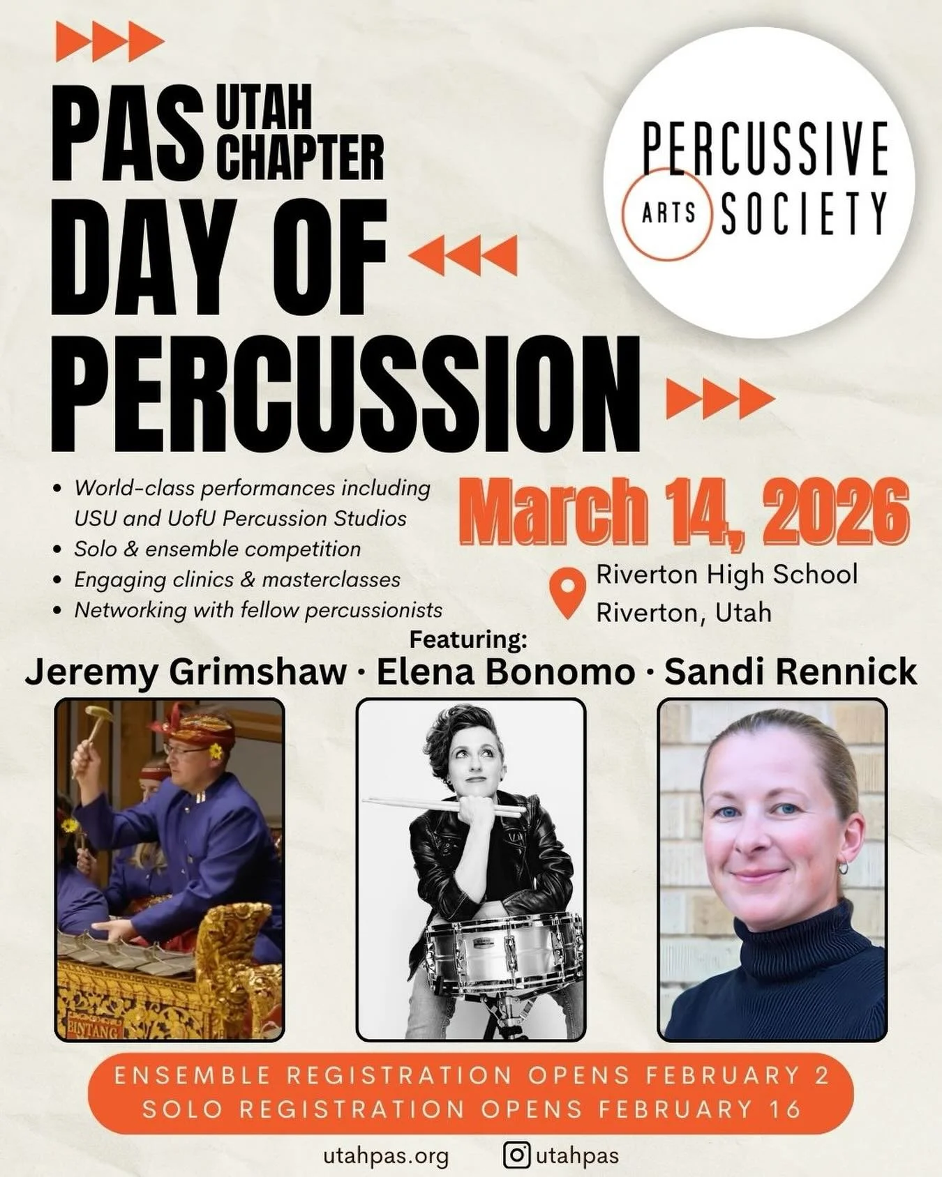 PAS UT chapter DOP 2026 is March 13-14!! Check out all the info, including solo/ensemble registration info at utahpas.org #dayofpercussion #pas #percussiveartssociety #percussion #drums
