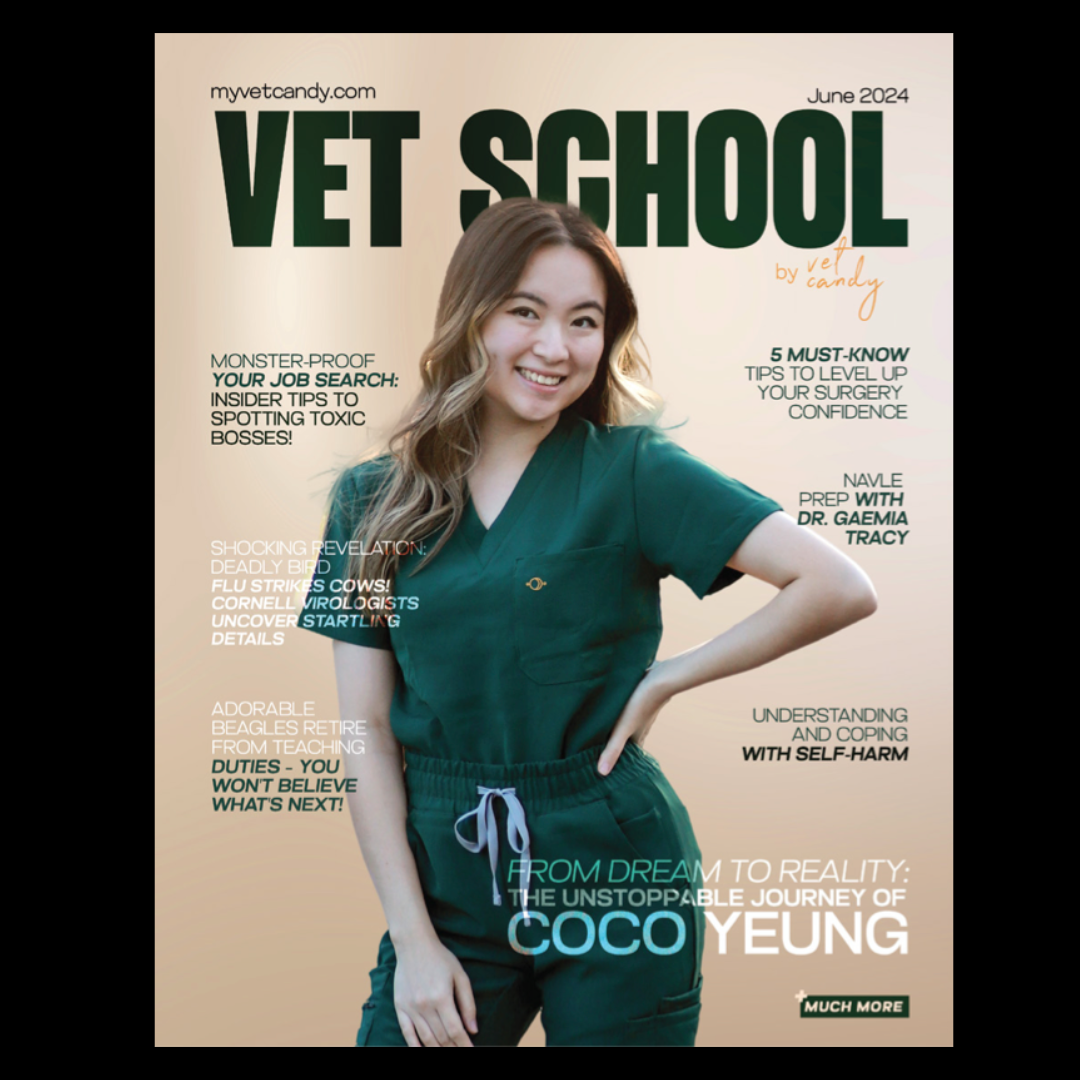 Cover of VET SCHOOL magazine featuring Coco Yeung in green scrubs, smiling and posing with one hand on her hip. The magazine includes headlines about job search tips, surgery confidence, and self-harm understanding.