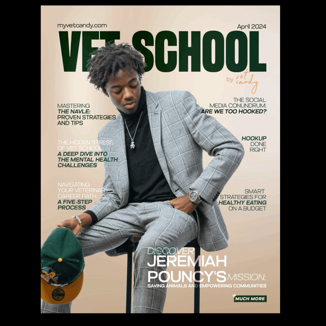 Magazine cover titled 'Vet School' featuring a young man with dreadlocks in a gray checkered suit, sitting and holding a green and brown cap, with various article headlines around him.