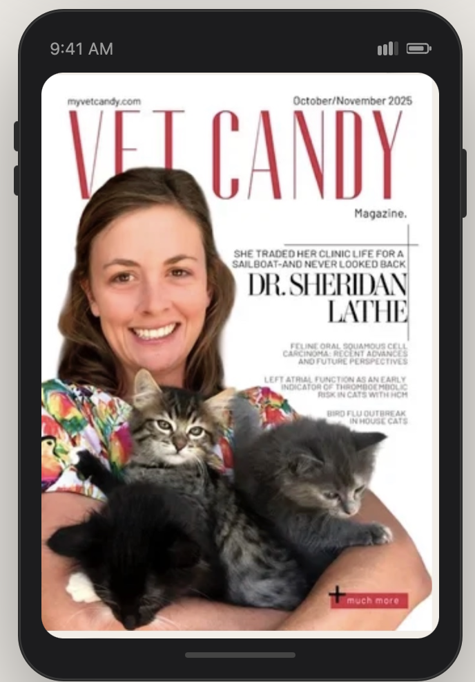 Cover of Vet Candy magazine, October/November 2025, featuring a woman smiling and holding three kittens.