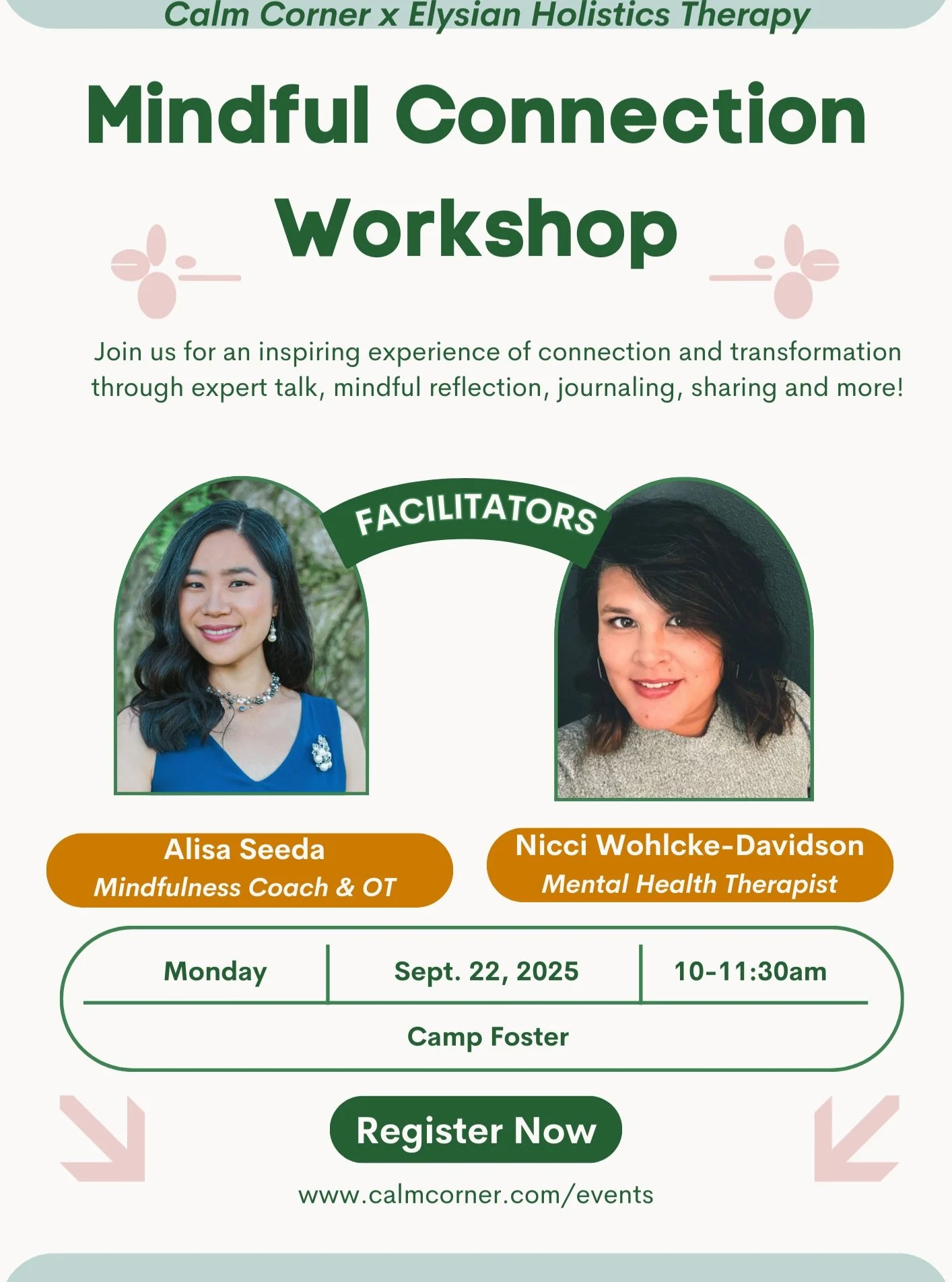 𝗠𝗶𝗻𝗱𝗳𝘂𝗹 𝗖𝗼𝗻𝗻𝗲𝗰𝘁𝗶𝗼𝗻 𝗪𝗼𝗿𝗸𝘀𝗵𝗼𝗽
Join us for an inspiring experience of connection and transformation through expert talk, mindful reflection, journaling, sharing and more!
Hosted by Alisa Seeda, Mindfulness Coach &amp; Occupation