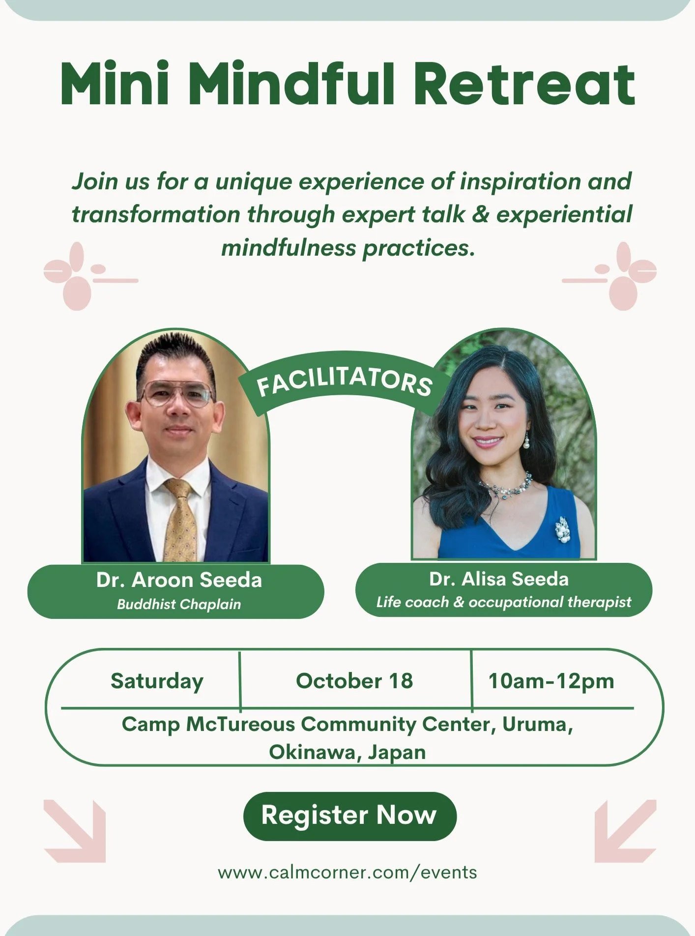 𝗠𝗶𝗻𝗶 𝗠𝗶𝗻𝗱𝗳𝘂𝗹 𝗥𝗲𝘁𝗿𝗲𝗮𝘁 (𝗙𝗿𝗲𝗲)

Join us for a unique experience of inspiration and transformation through expert talk &amp; experiential mindfulness practices.

𝗦𝗮𝘁𝘂𝗿𝗱𝗮𝘆, 𝗢𝗰𝘁𝗼𝗯𝗲𝗿 𝟭𝟴, 𝟮𝟬𝟮𝟱 𝗳𝗿𝗼𝗺 𝟭𝟬𝗮𝗺-𝟭𝟮