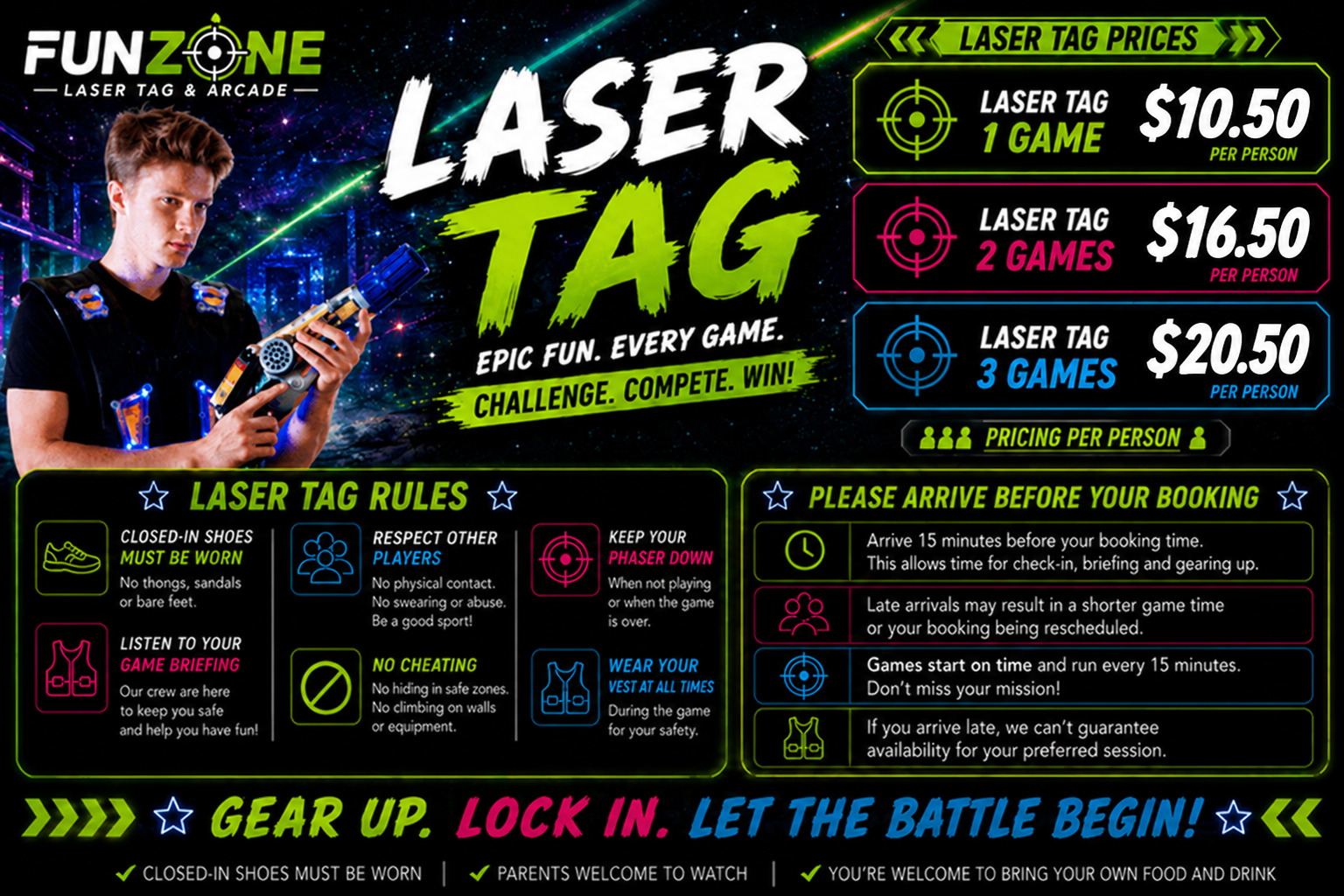 Funzone laser tag prices: 1 mission $10.50, 2 missions $16.50, 3 missions $20.50 per person, with laser tag rules and arrival information.