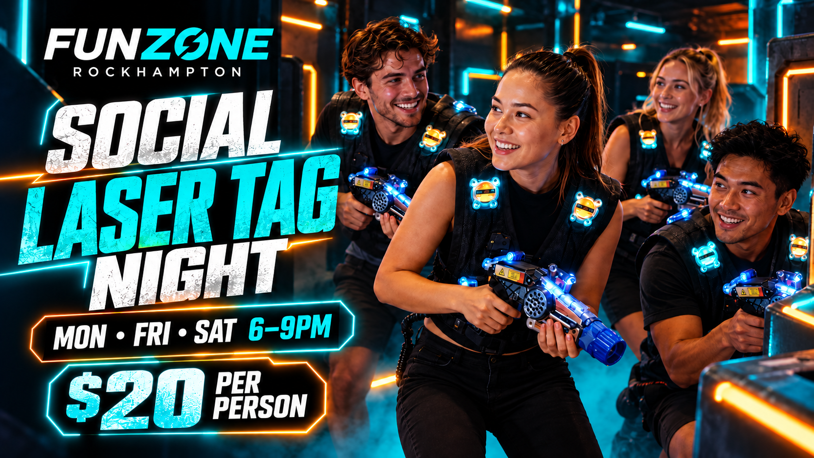 Funzone Rockhampton Social Laser Tag Night, Monday, Friday and Saturday 6–9 pm, $20 per person