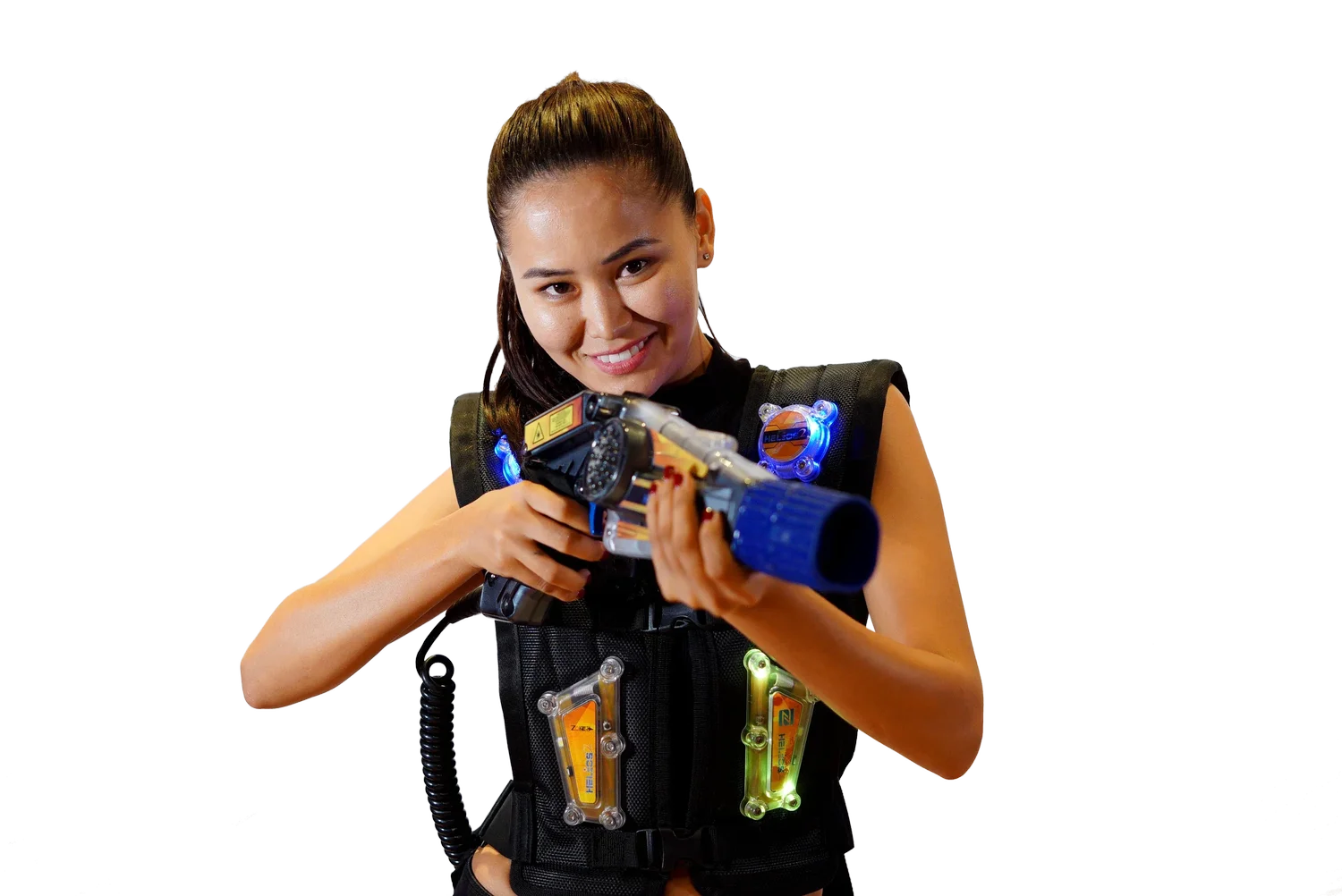 A player ready for a mission wearing Funzone's HELIOS 2 laser tag equipment