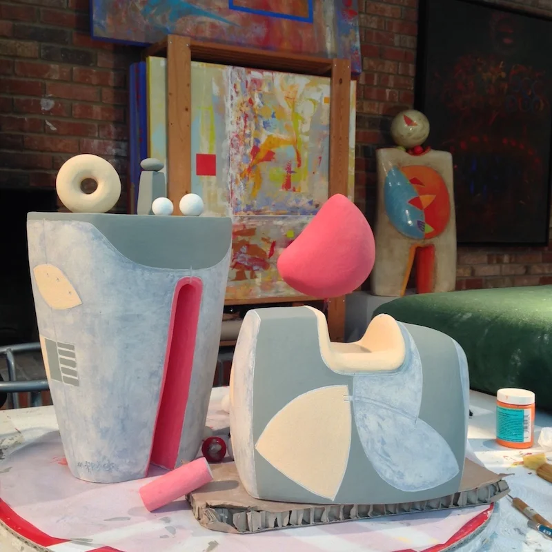  In this photo I am glazing what will become “Bubbles and Squeak” a process that usually takes about 3 or 4 days   to complete. After glaze firing the colors are completely different as you can tell. 