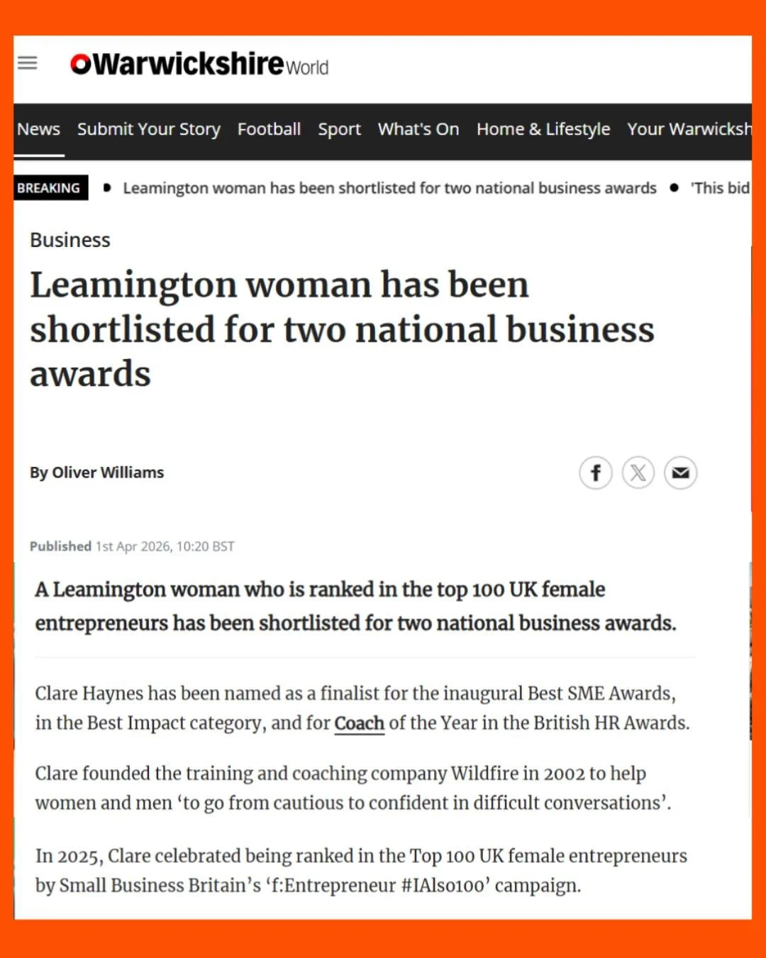 In the local paper for being a finalist in two national awards, the British HR Awards for Best Coach and The Best SME Awards for Best Impact, both events being later in the month. 

Thanks, Warwickshire World! 🧡 

#HRawards  #smeawards #bestsmeaward