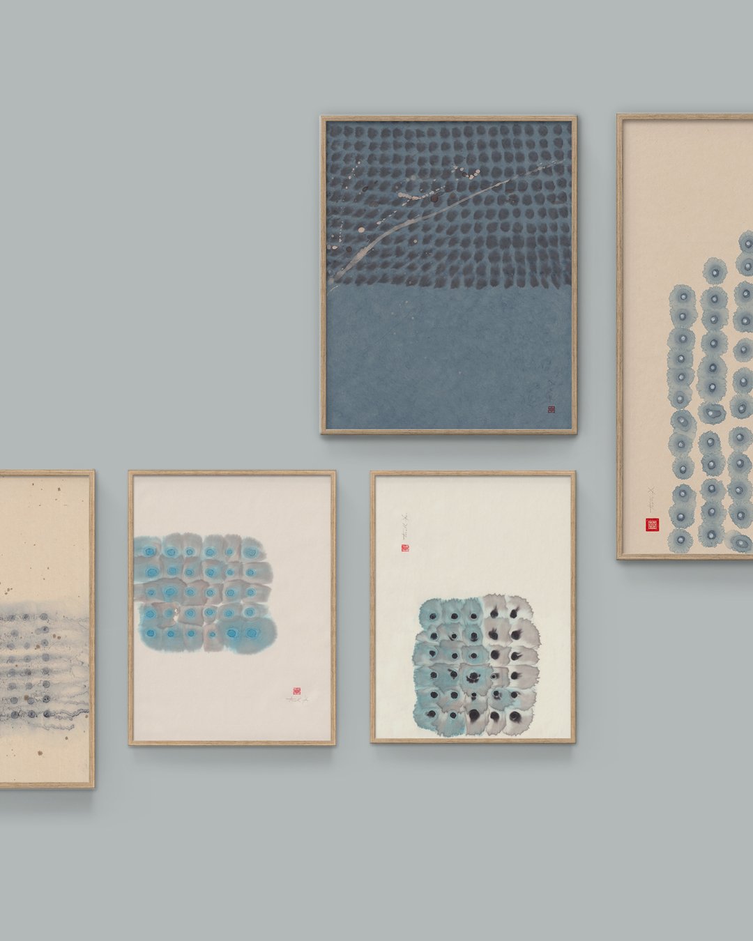 Blue is known as the color of calm and peace &mdash; a perfect match for the intention behind my Breath Meditation paintings. So here we go, with a quiet arrangement featuring five bluish pieces from the series.
&mdash;

&mdash;
#blue #breathmeditati