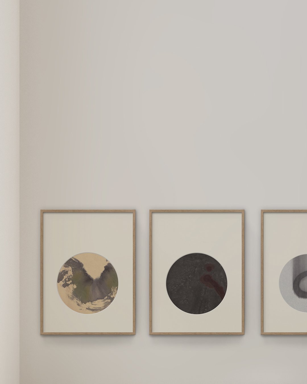 These are the first three of ten circular works from the Ensō + Co. collection. Half of them are new, the others have been re-mounted in larger, unscripted passepartouts to enhance their minimalistic presence. &mdash; Each circular cut-out measures 2