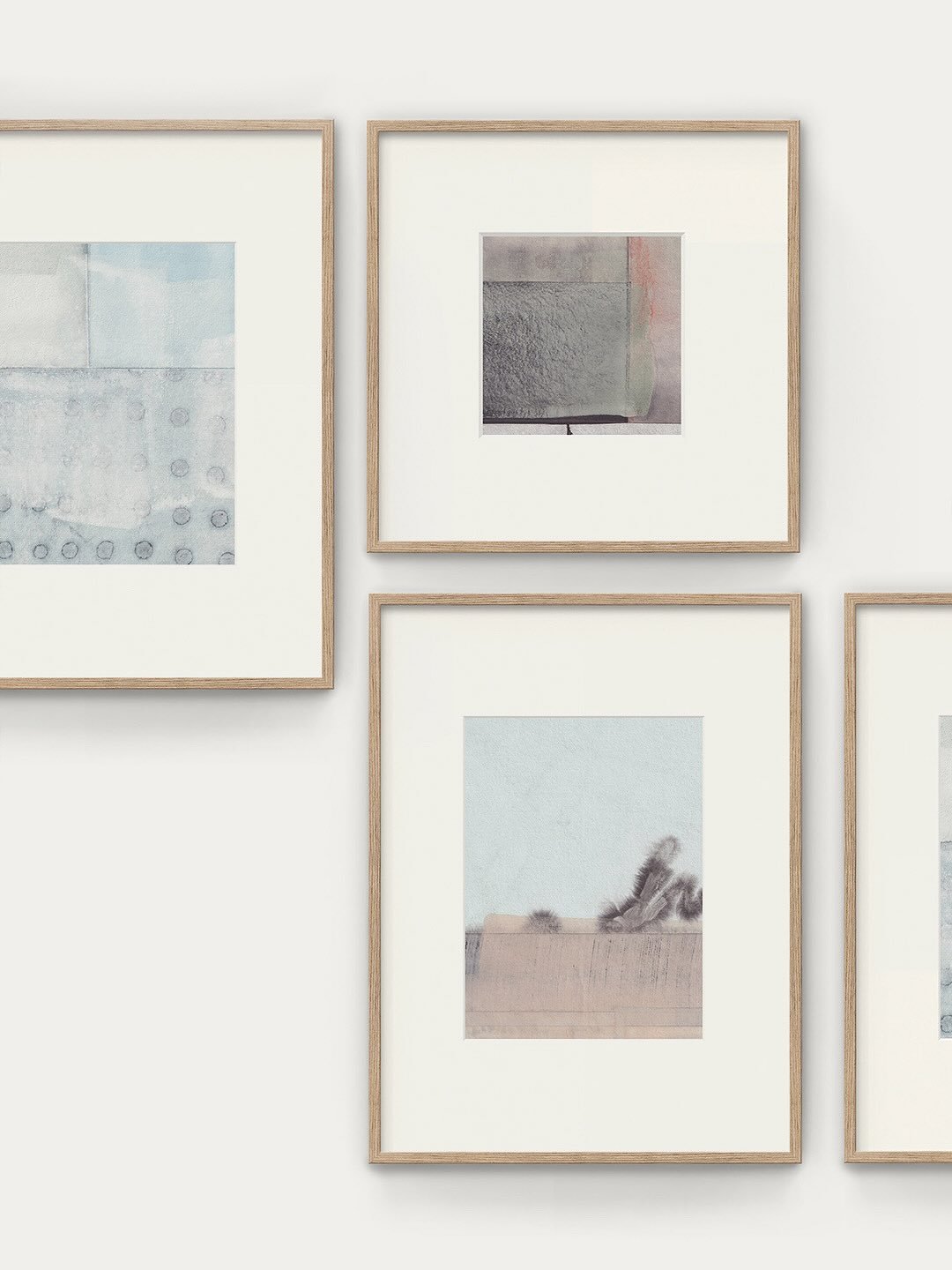 Pastel mood with four memory pieces:
&middot; Remembering Blue | Fragmentation N&deg;82
&middot; Fragmentation N&deg;78
&middot; Behind | Fragmentation N&deg;73
&middot; Fragmentation N&deg;76
All based on reclaimed Washi papers and mineral pigments.