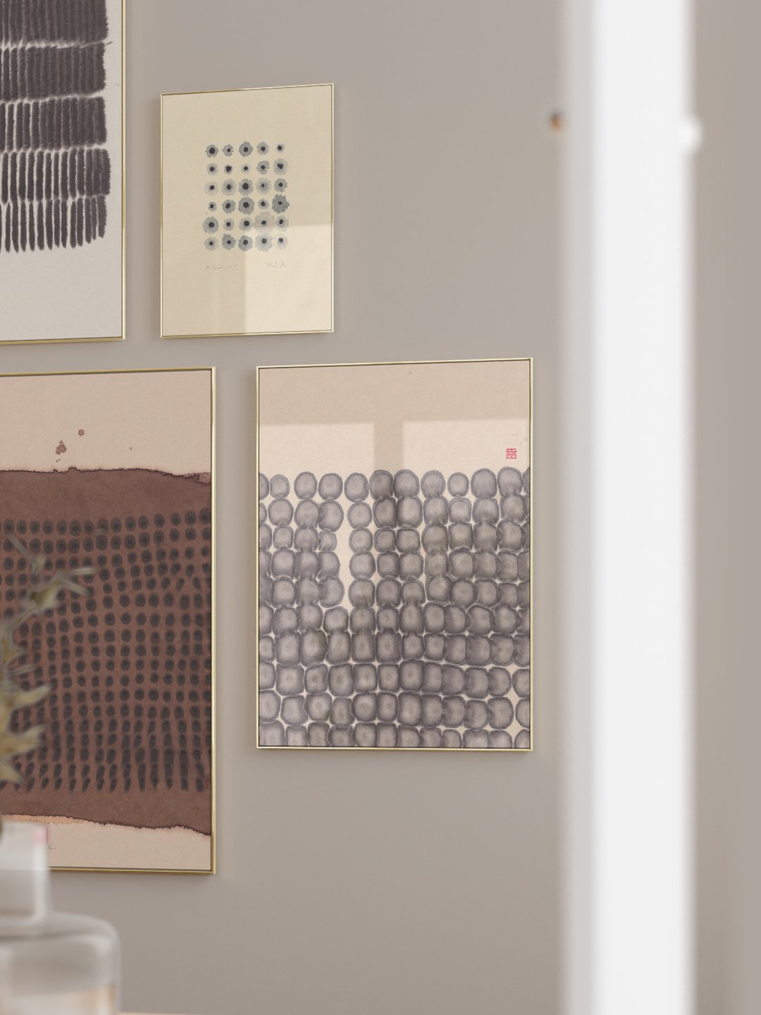 Gallery wall featuring four Breath Meditations from different phases, created with different tools &mdash; pipette, brush, spatula, and Q-tips.
&mdash;
From bottom left (clockwise): N&deg;37, N&deg;49, an early piece N&deg;5, and N&deg;63.
&mdash;

&