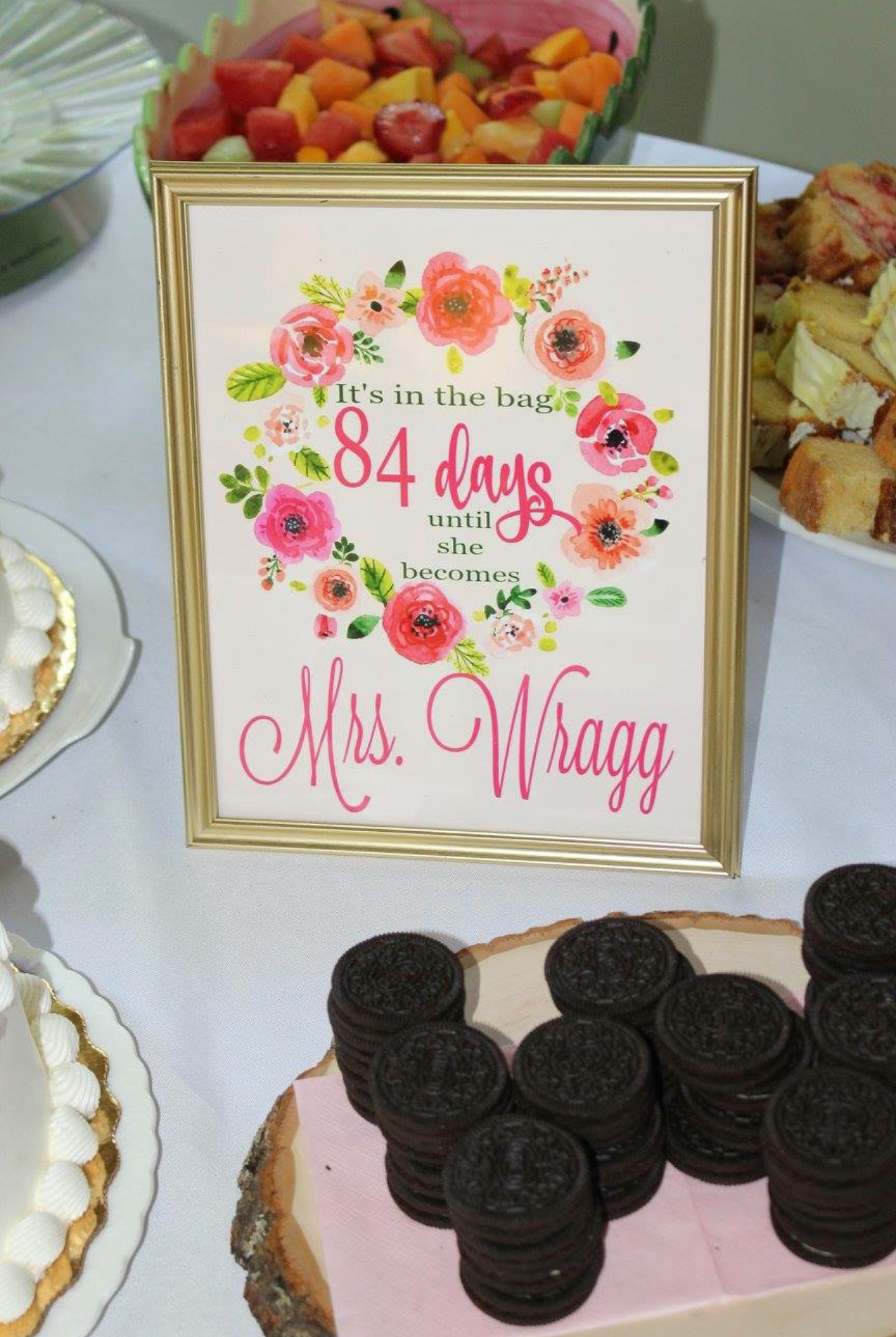 LOTS of breakfast options! I think the guest list included almost 50 guests. The bride loves Oreos, so I stacked them up in the shape of a “W". I designed a cute sign for the countdown- printed it all at Walgreens! Wait for a code and you can get great quality pictures for a STEAL!
